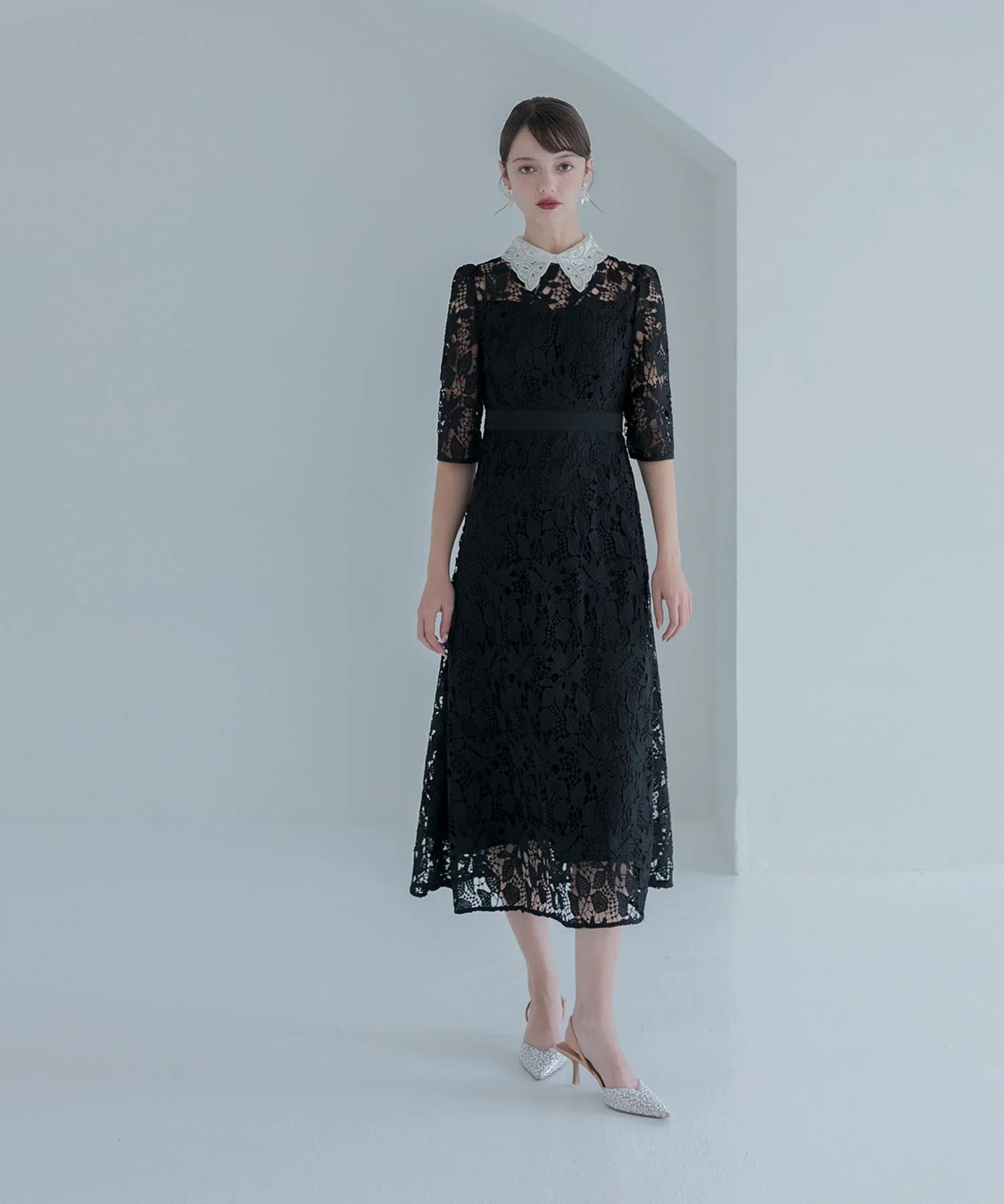 【一部当日発送】花柄レースビジューカラーAラインワンピースドレス