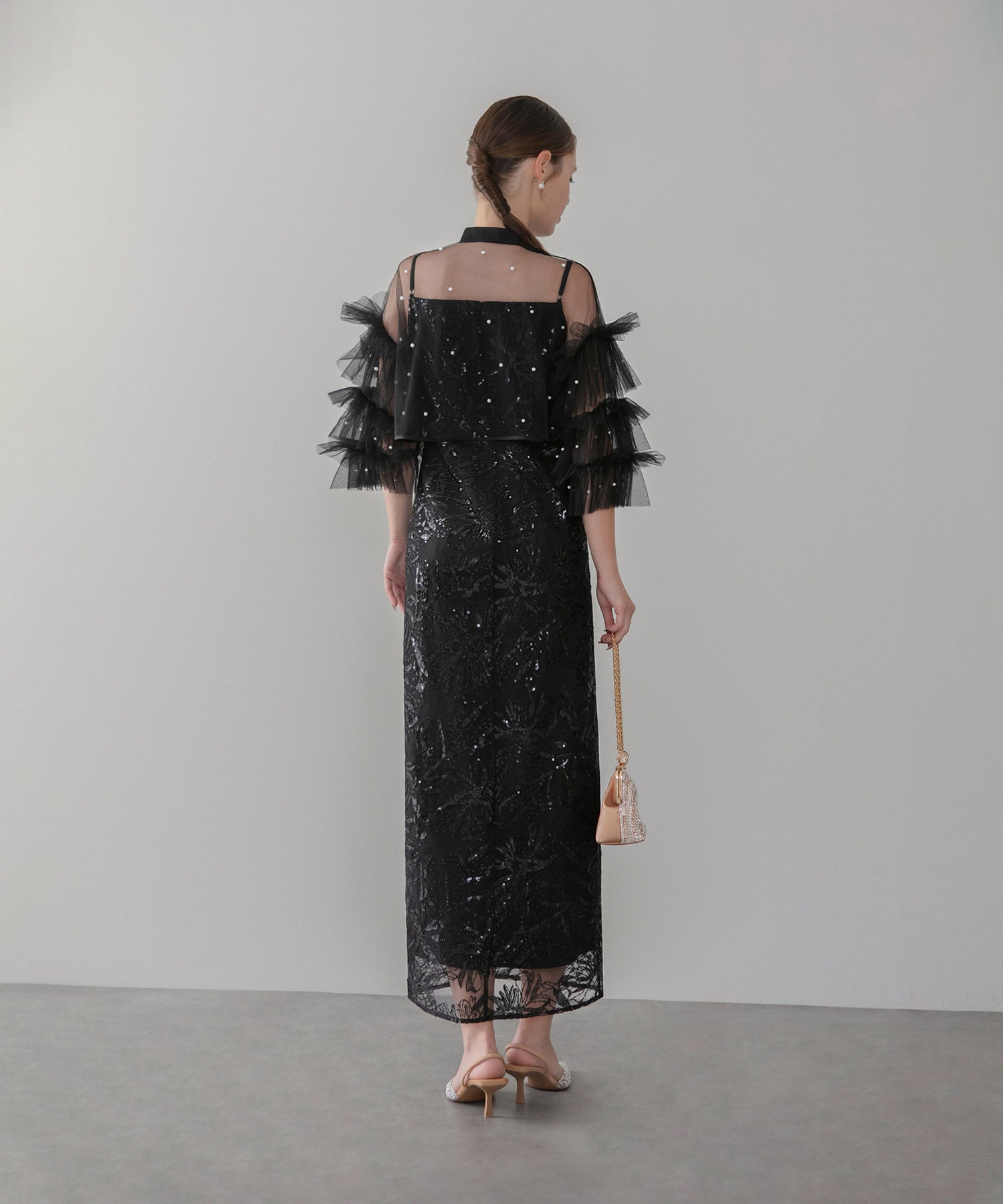 【一部当日発送】パールフリルチュールボレロレイヤードIラインワンピースドレス