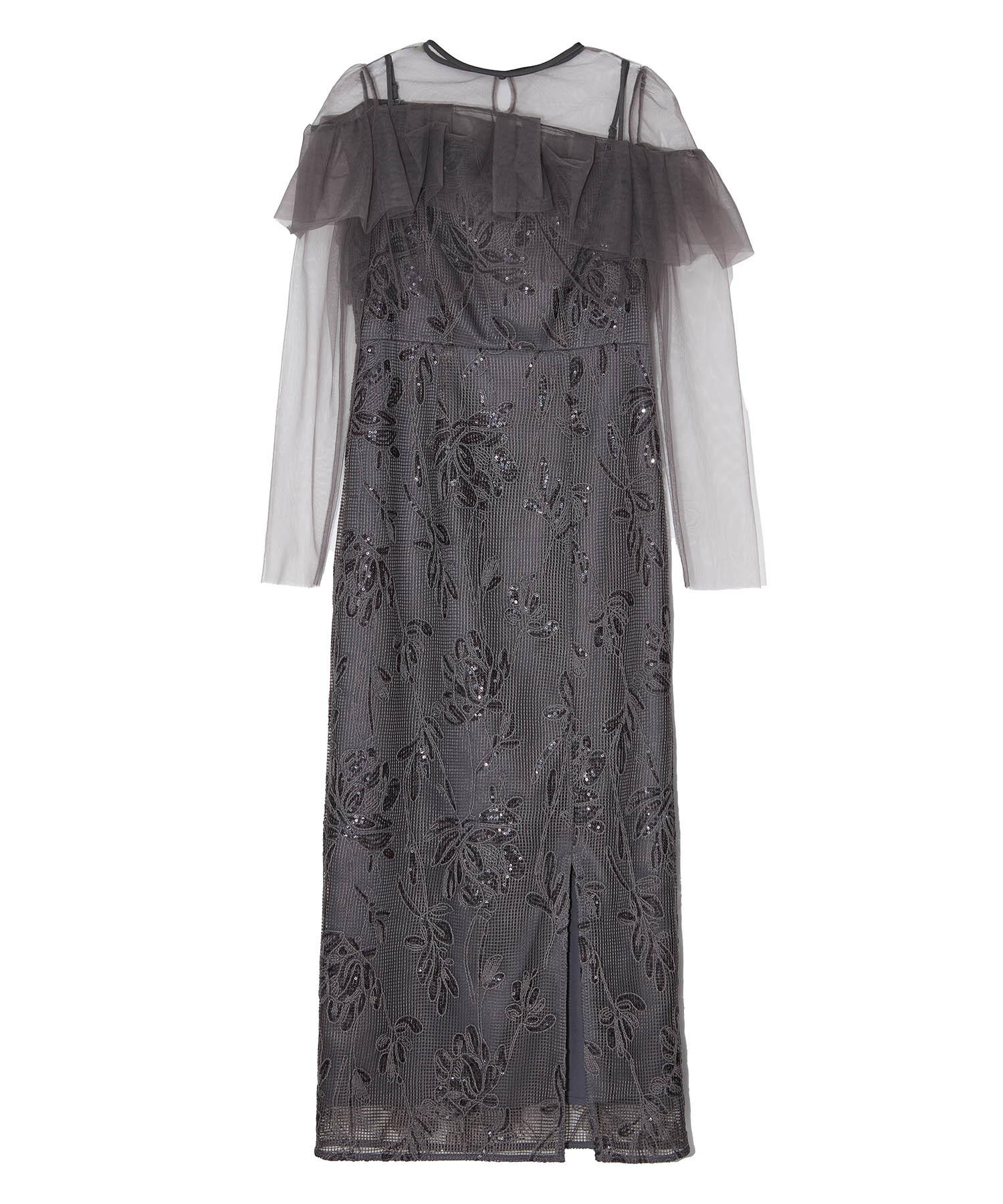 【当日発送】2WAYアシンメトリーフリルチュールフラワーIラインワンピースドレス