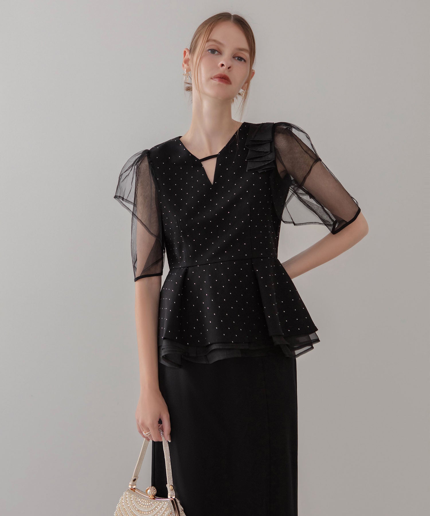 【当日発送】ドットストーンチュールペプラムセパレートIラインドレス