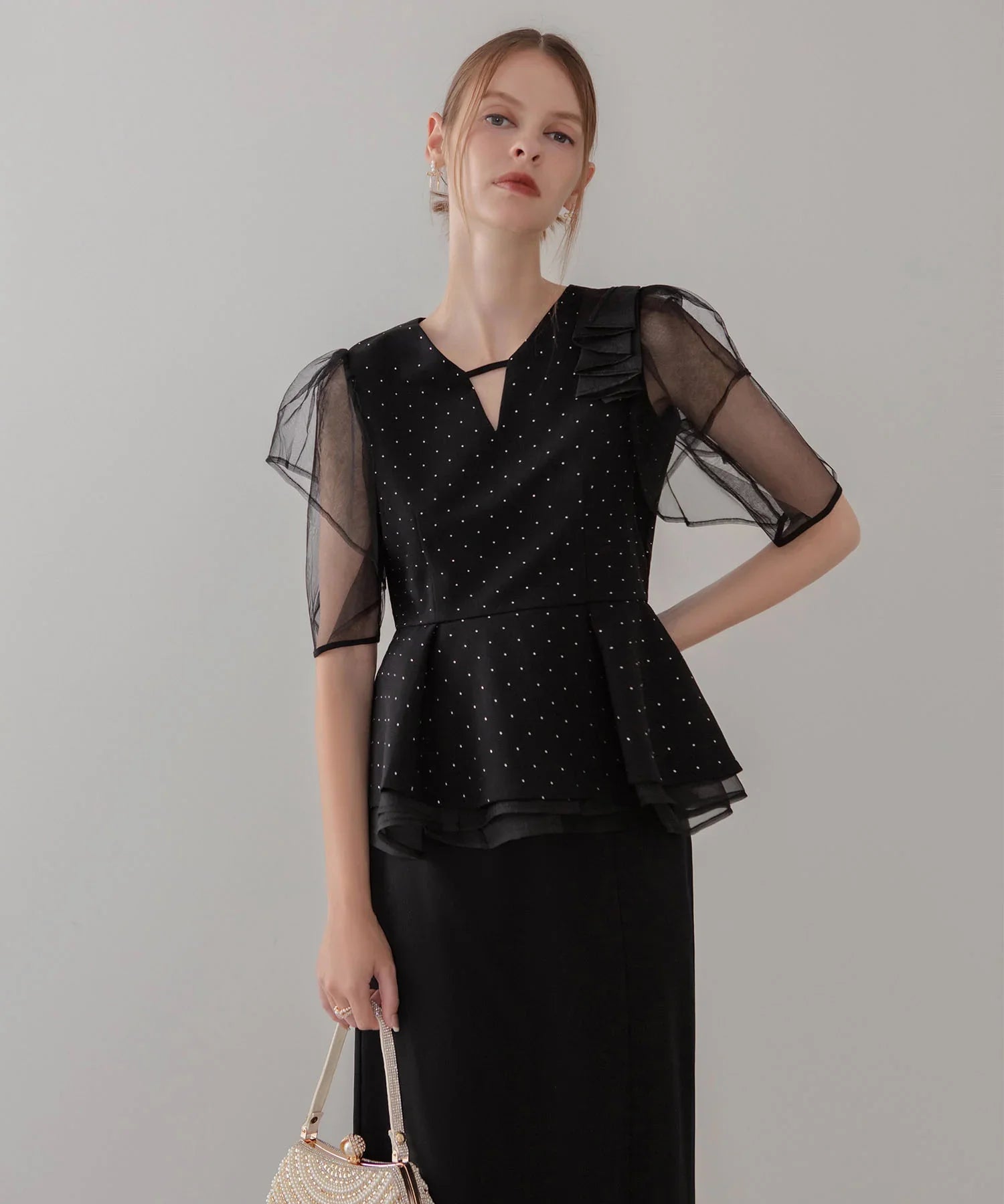 【当日発送】ドットストーンチュールペプラムセパレートIラインドレス