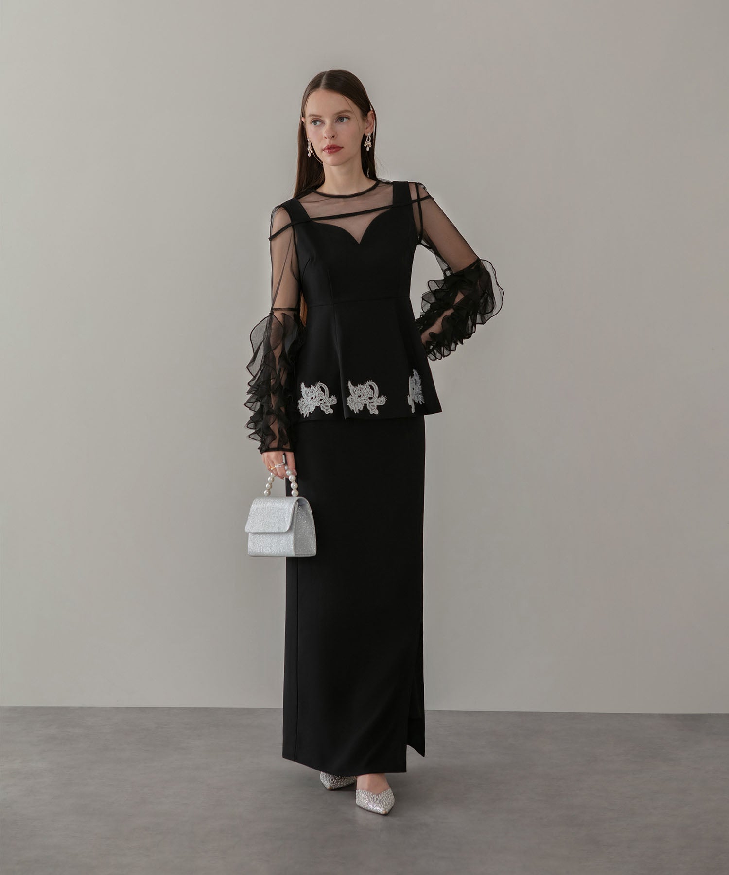 【当日発送】シアースリーブフリルペプラムタイトスカートセットアップドレス