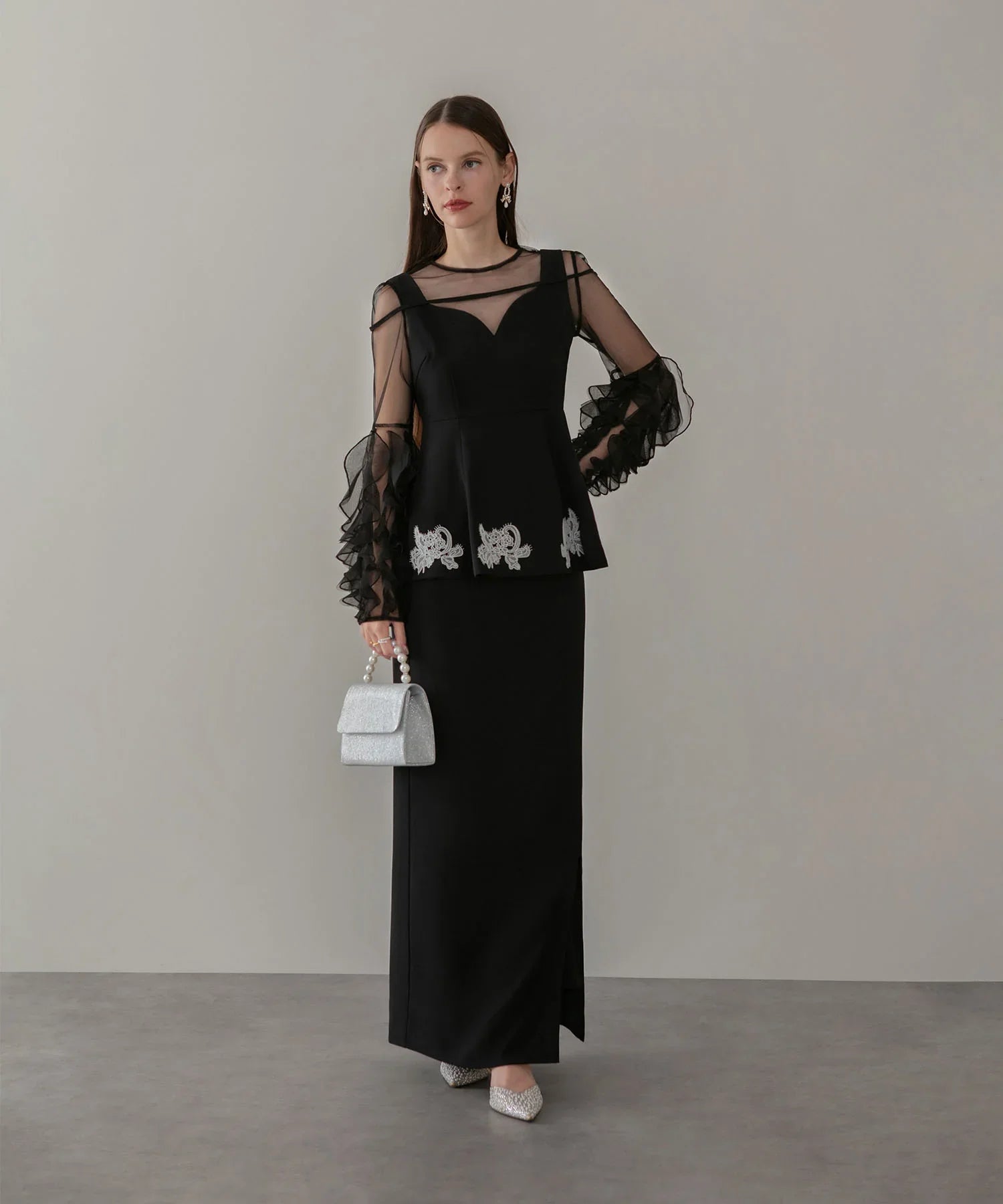 【当日発送】シアースリーブフリルペプラムタイトスカートセットアップドレス