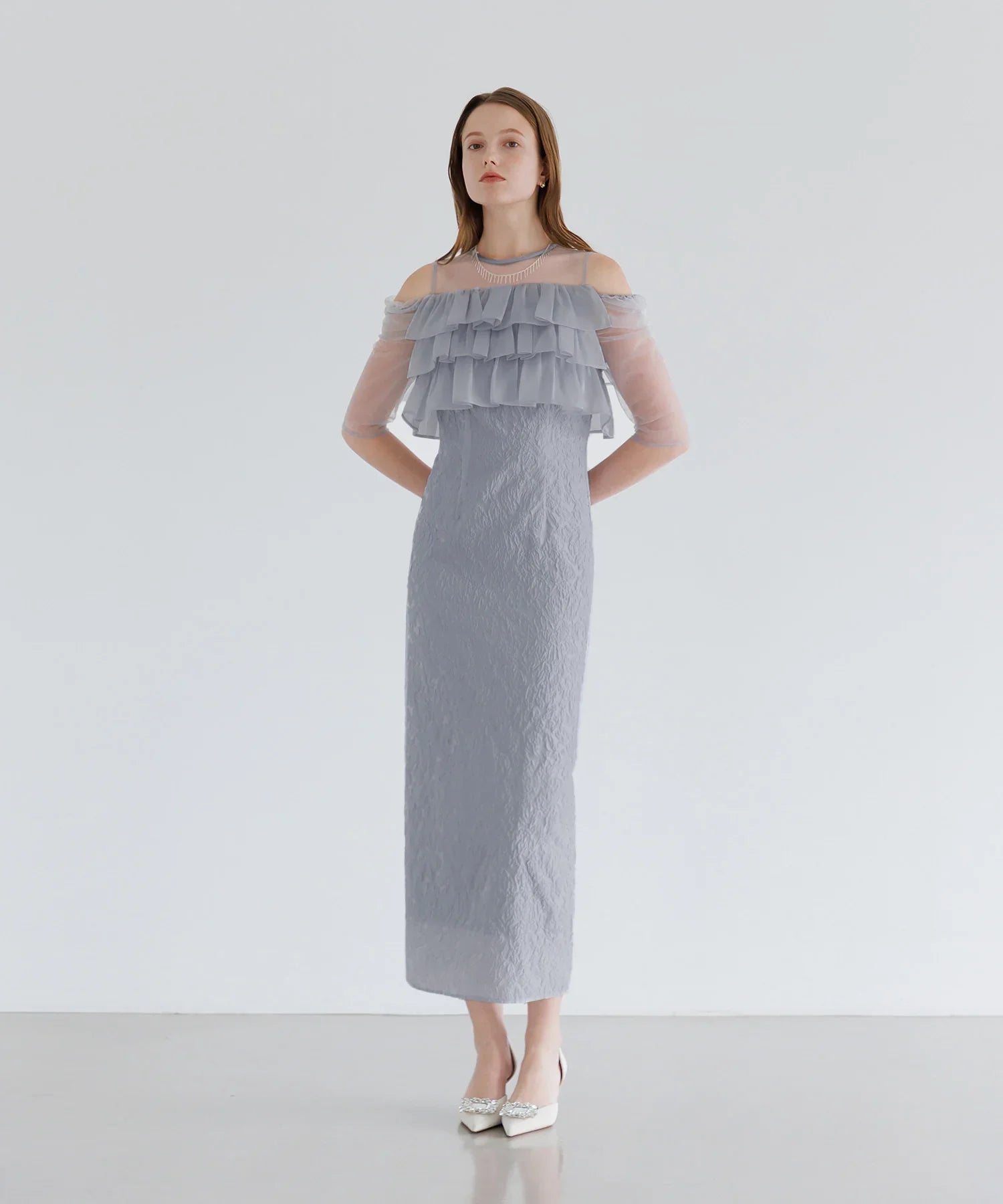 【当日発送】3WAYティアードフリルジャガードIラインワンピースドレス