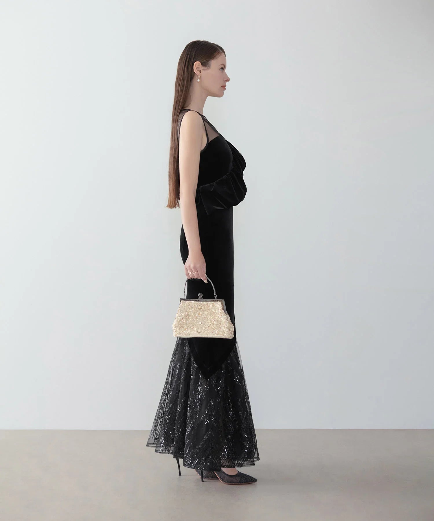 【LEJA LUXE】2WAYアシンメトリーフリルベロアマーメイドドレス