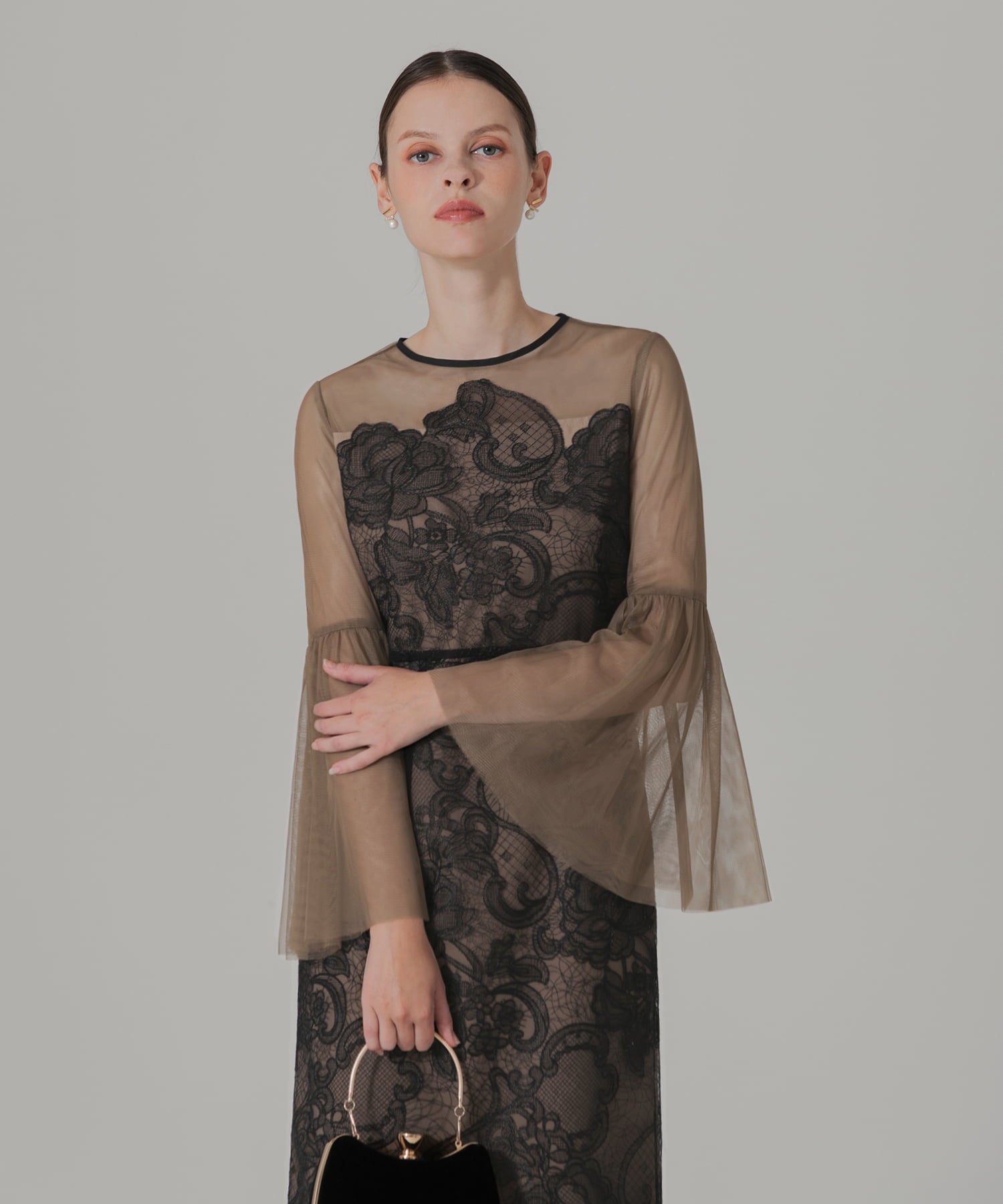 【当日発送】シアープリーツスリーブIラインワンピースドレス