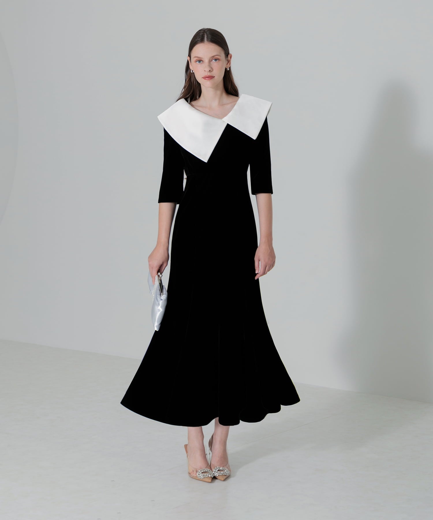 【当日発送】アシンメトリービッグカラーベロアマーメイドワンピースドレス