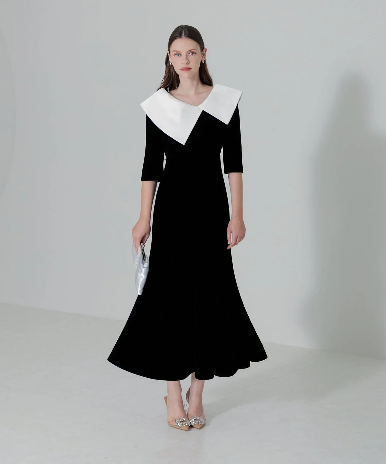 【当日発送】アシンメトリービッグカラーベロアマーメイドワンピースドレス