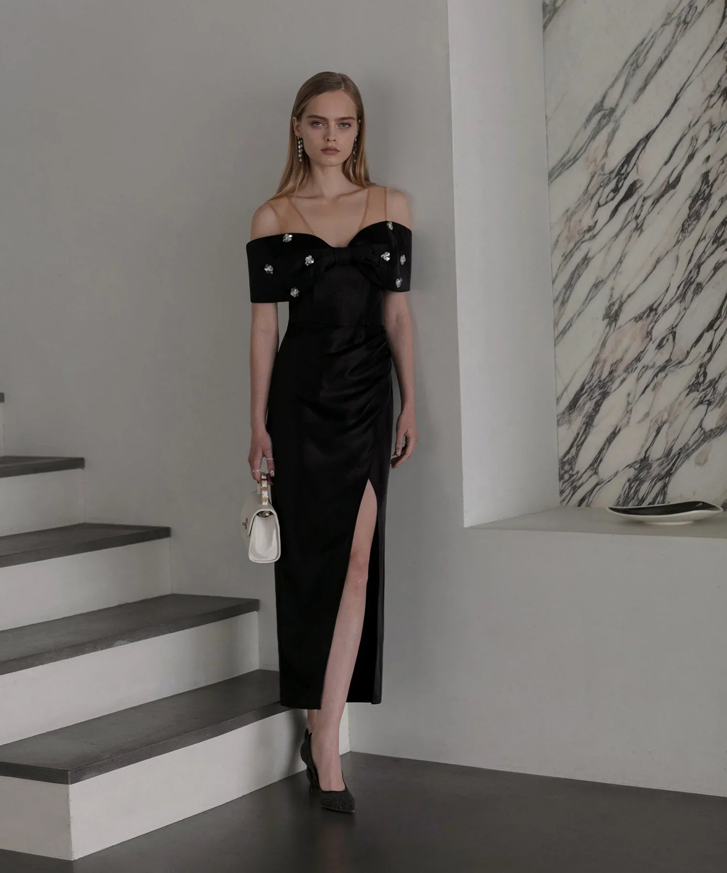 【LEJA LUXE】2WAYフラワーオフショルダースリットドレス