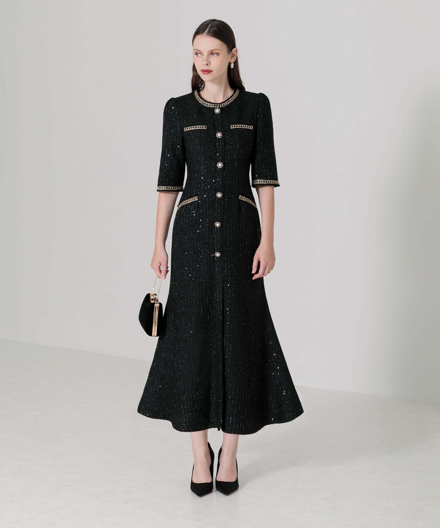 【SOLD OUT】ラメツイードレザーパイピングパールマーメイドワンピースドレス