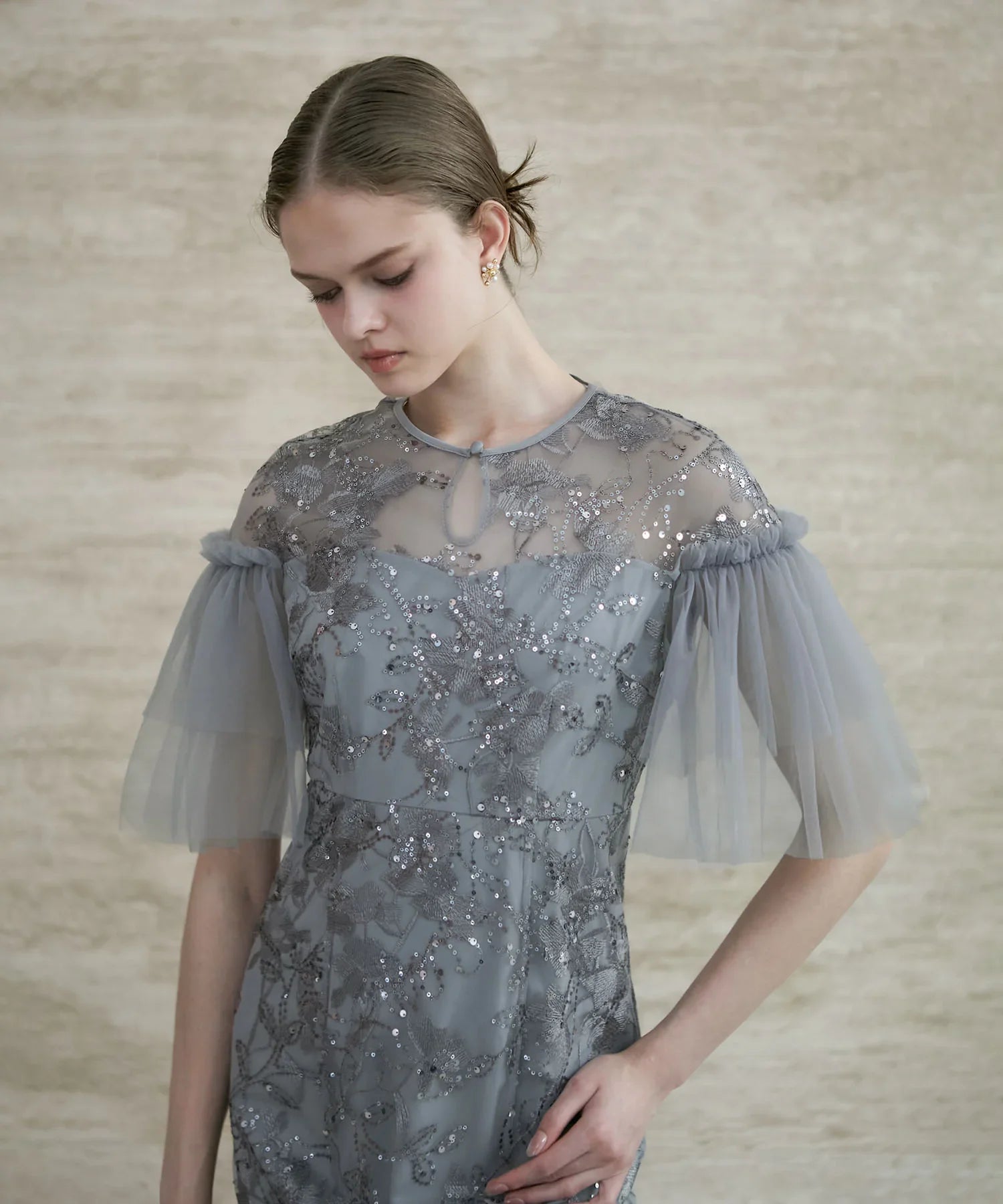 【当日発送】フラワースパンコールチュールスリーブIラインドレス