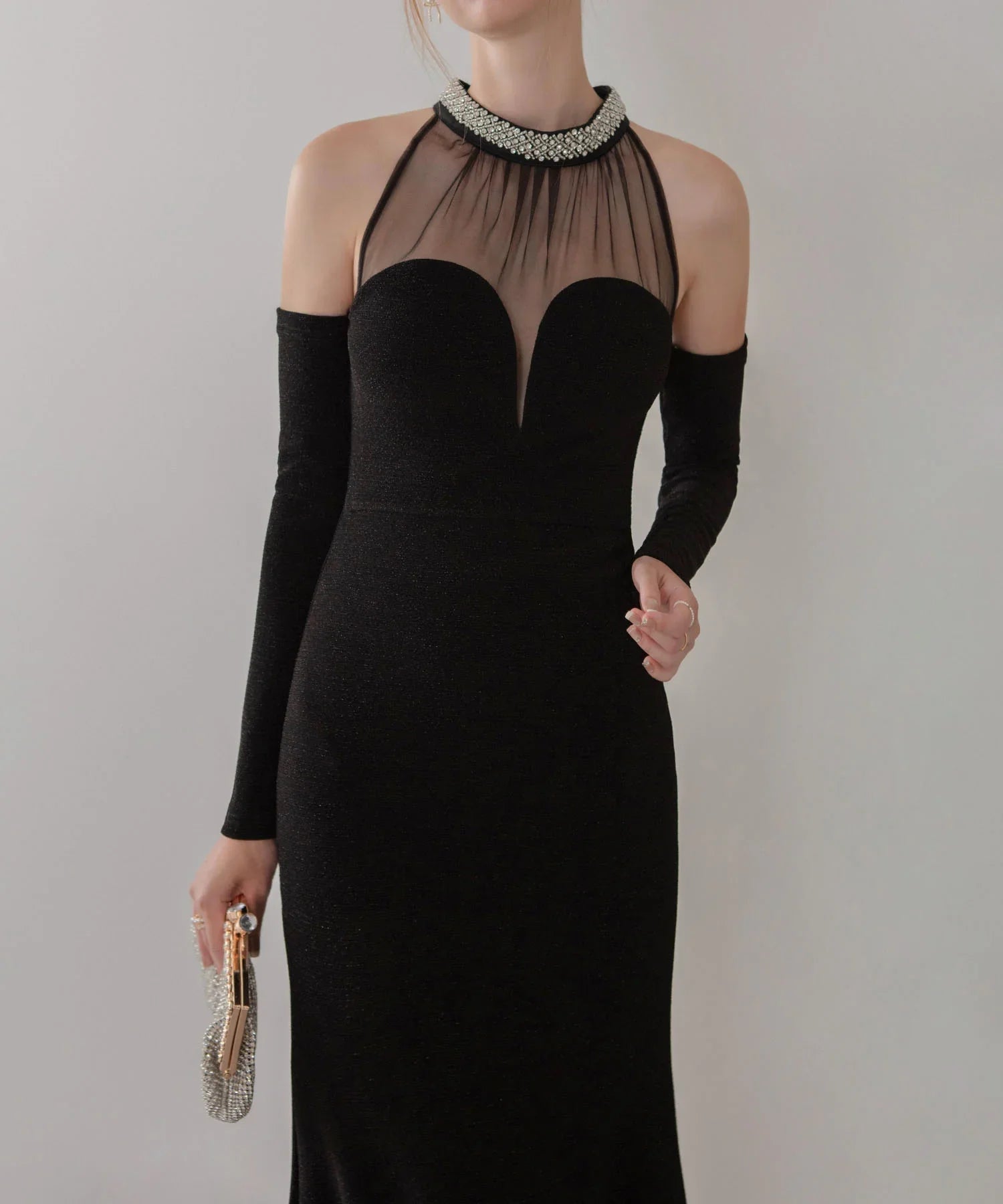 【LEJA LUXE】シアーネックビジューデザインブラックマーメイドロングドレス