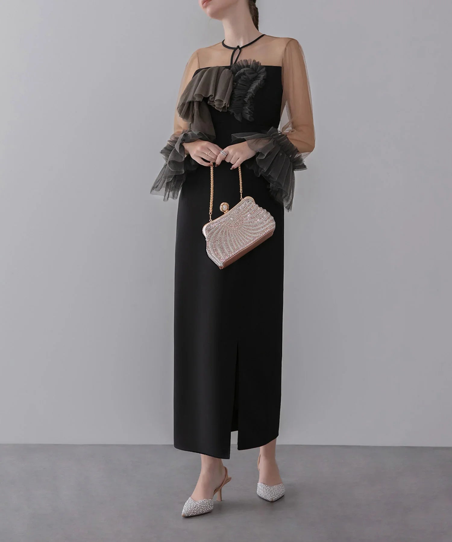 【当日発送】チュールフリルスリーブIラインワンピースドレス