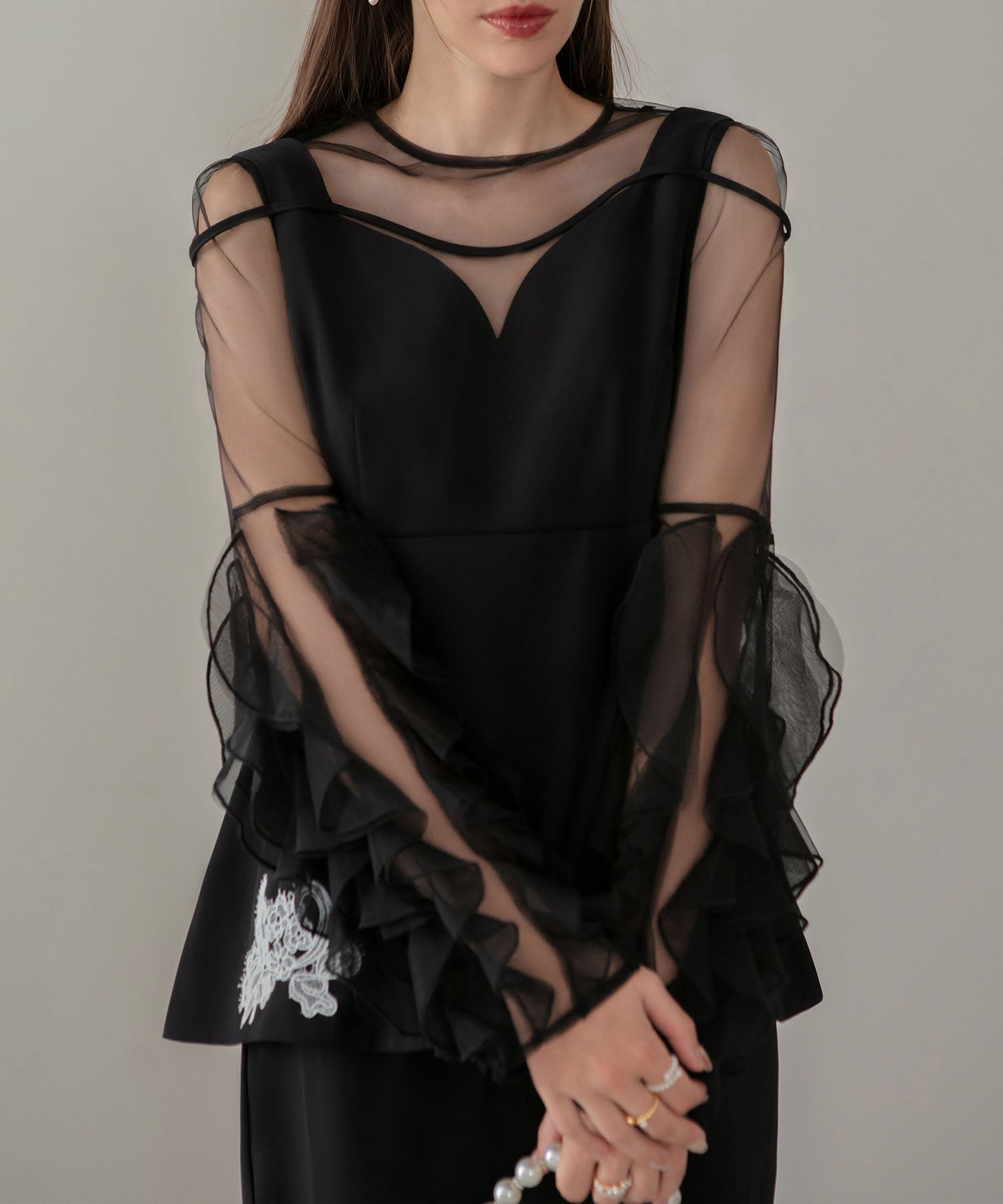 【当日発送】シアースリーブフリルペプラムタイトスカートセットアップドレス