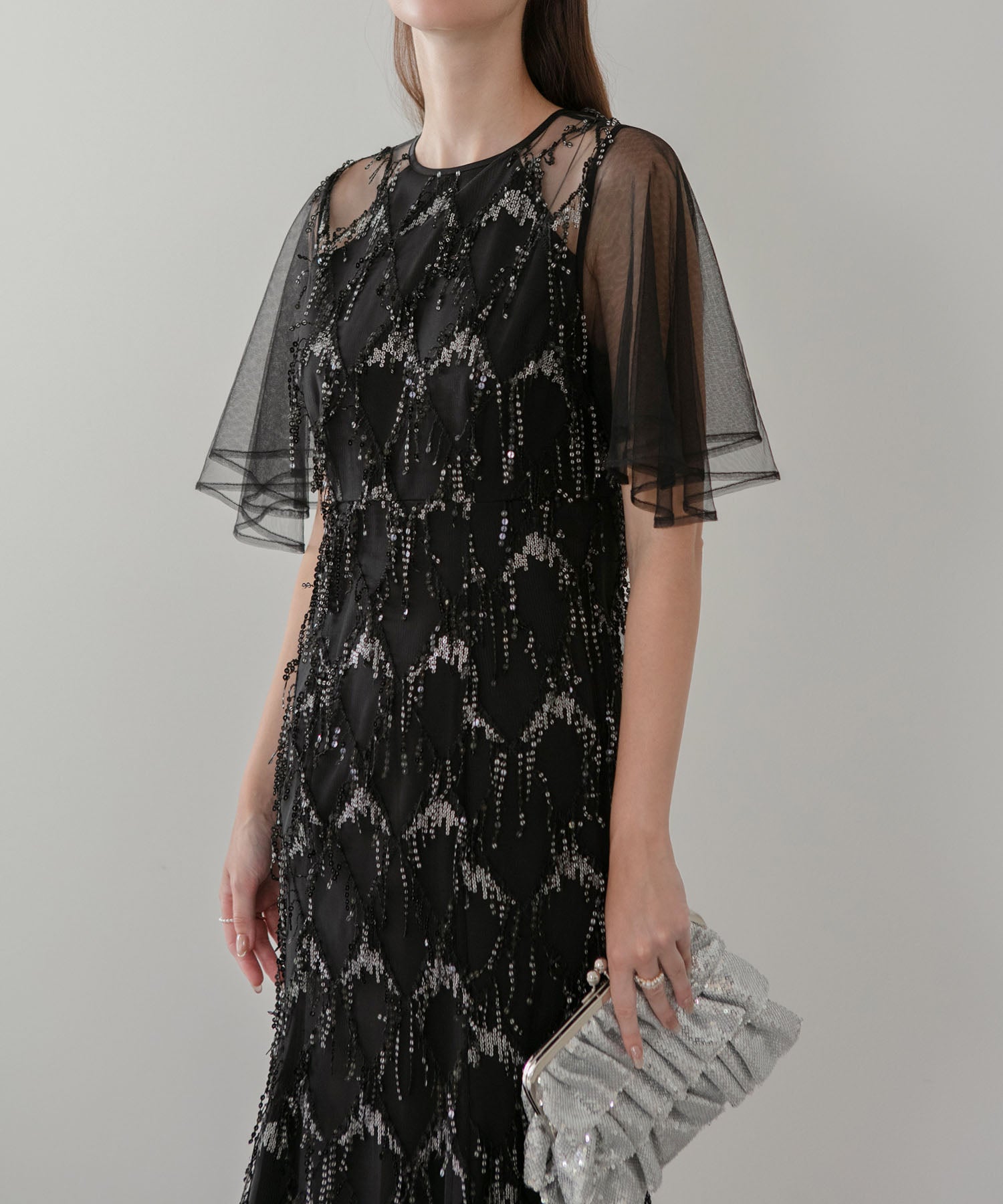 【当日発送】チュールスリーブスパンコールマーメイドワンピースドレス