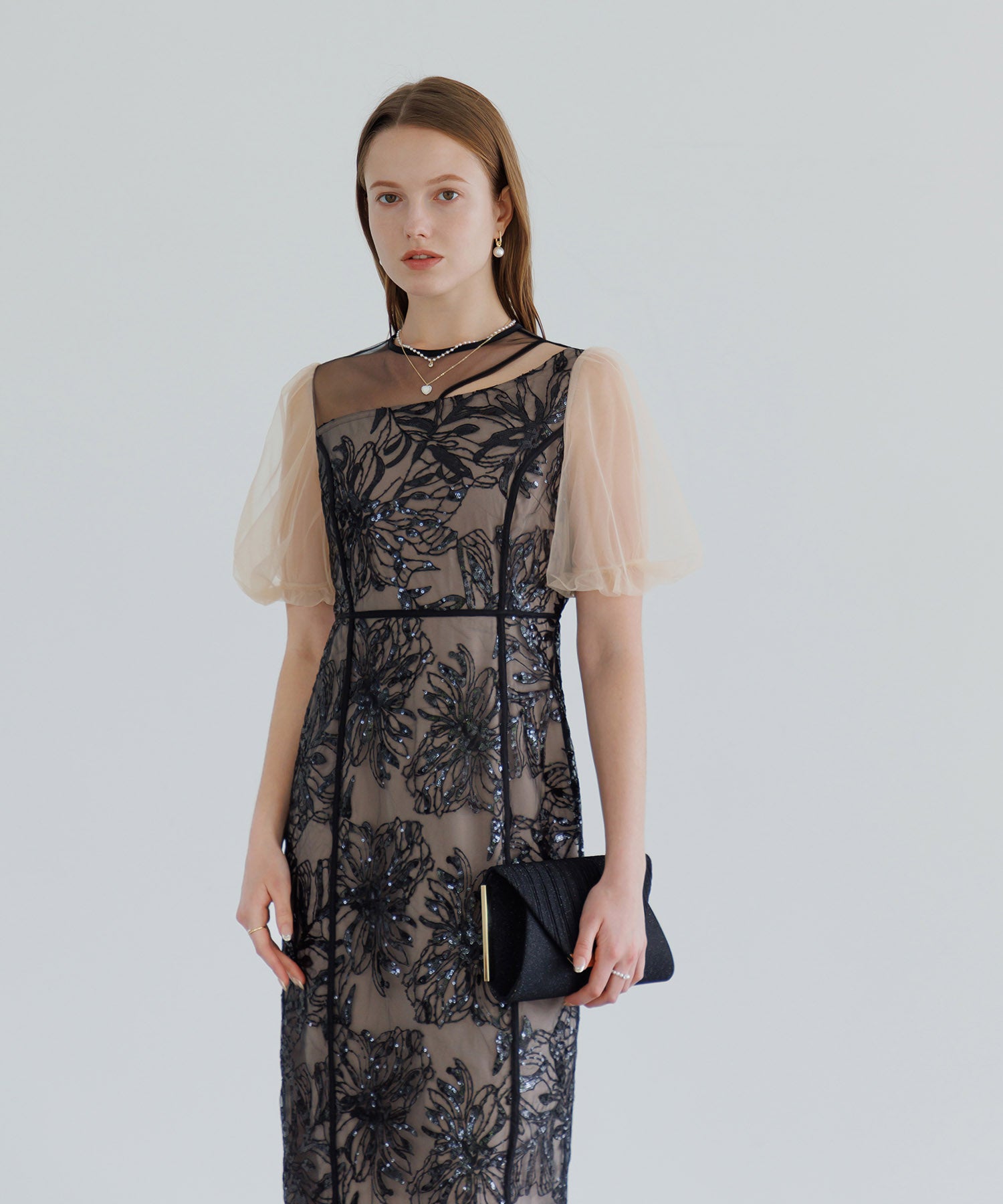 【当日発送】アシンメトリーシアーフラワーワンピースドレス