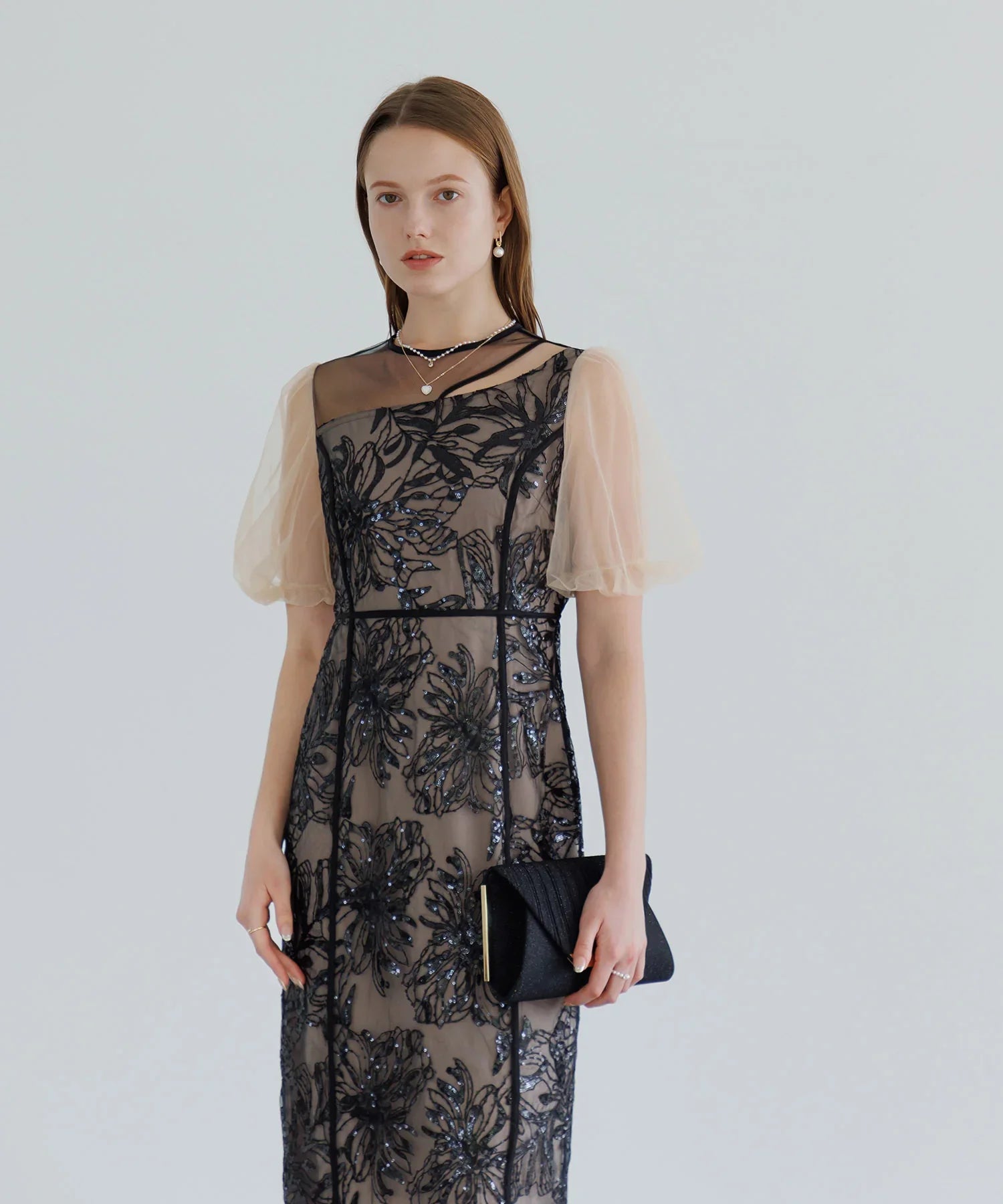 【当日発送】アシンメトリーシアーフラワーワンピースドレス