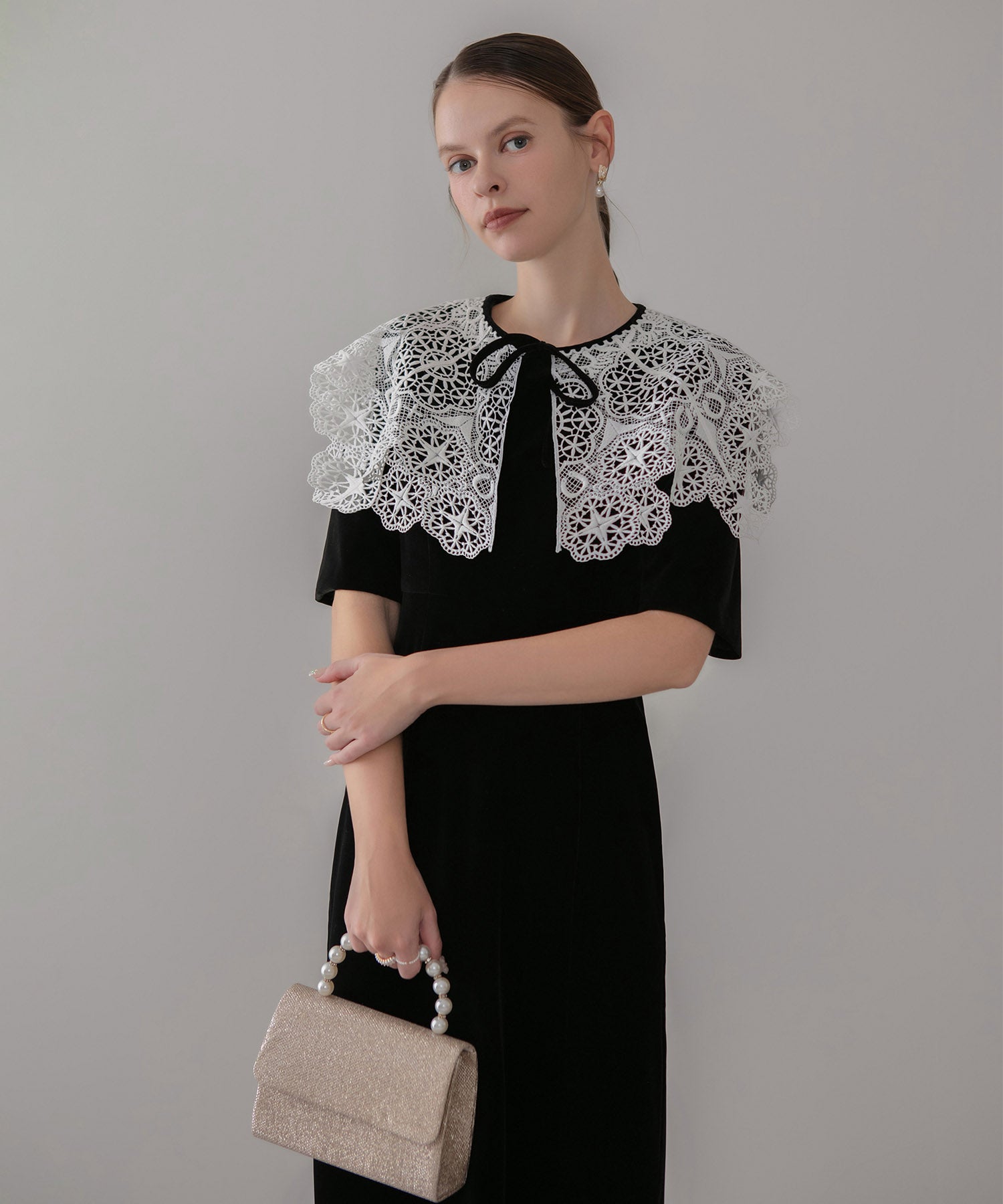 【当日発送】レースカラーベロアIラインワンピースドレス