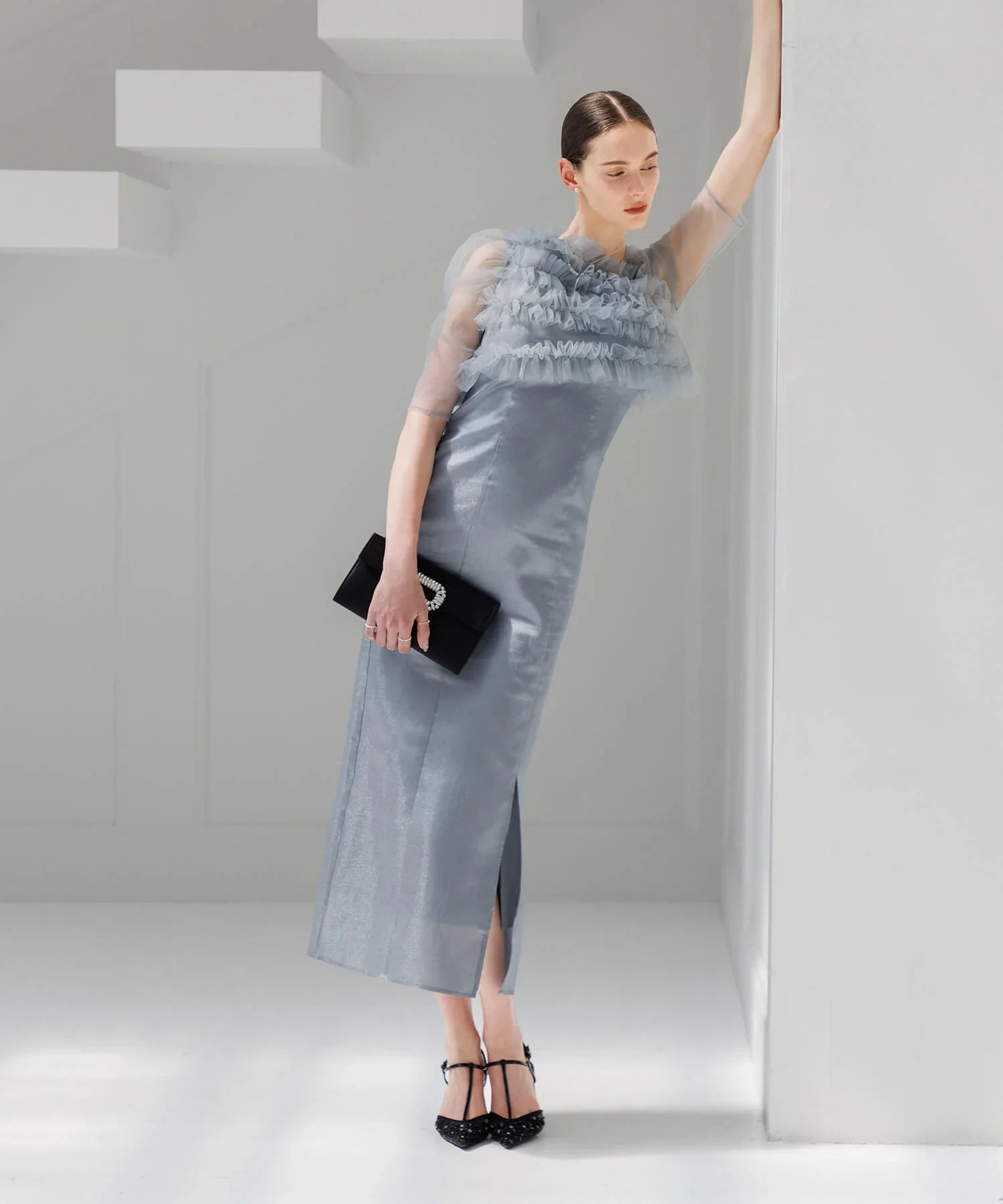 【SOLD OUT】チュールアシンメトリーティアードフリルIラインワンピースドレス