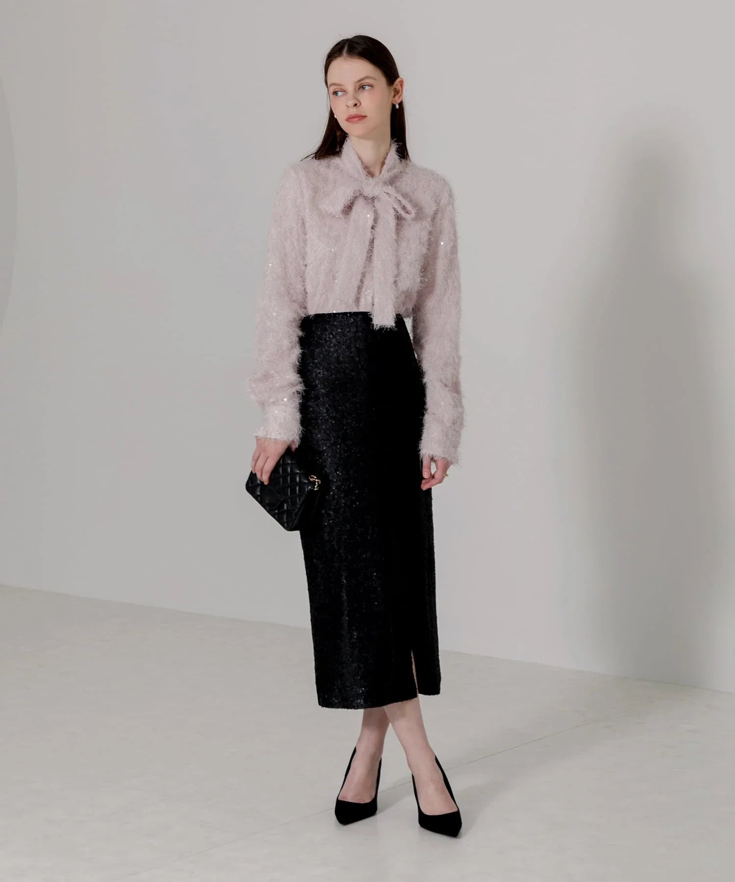 【当日発送】リボン2WAYフェザーファブリックスパンコールブラウス