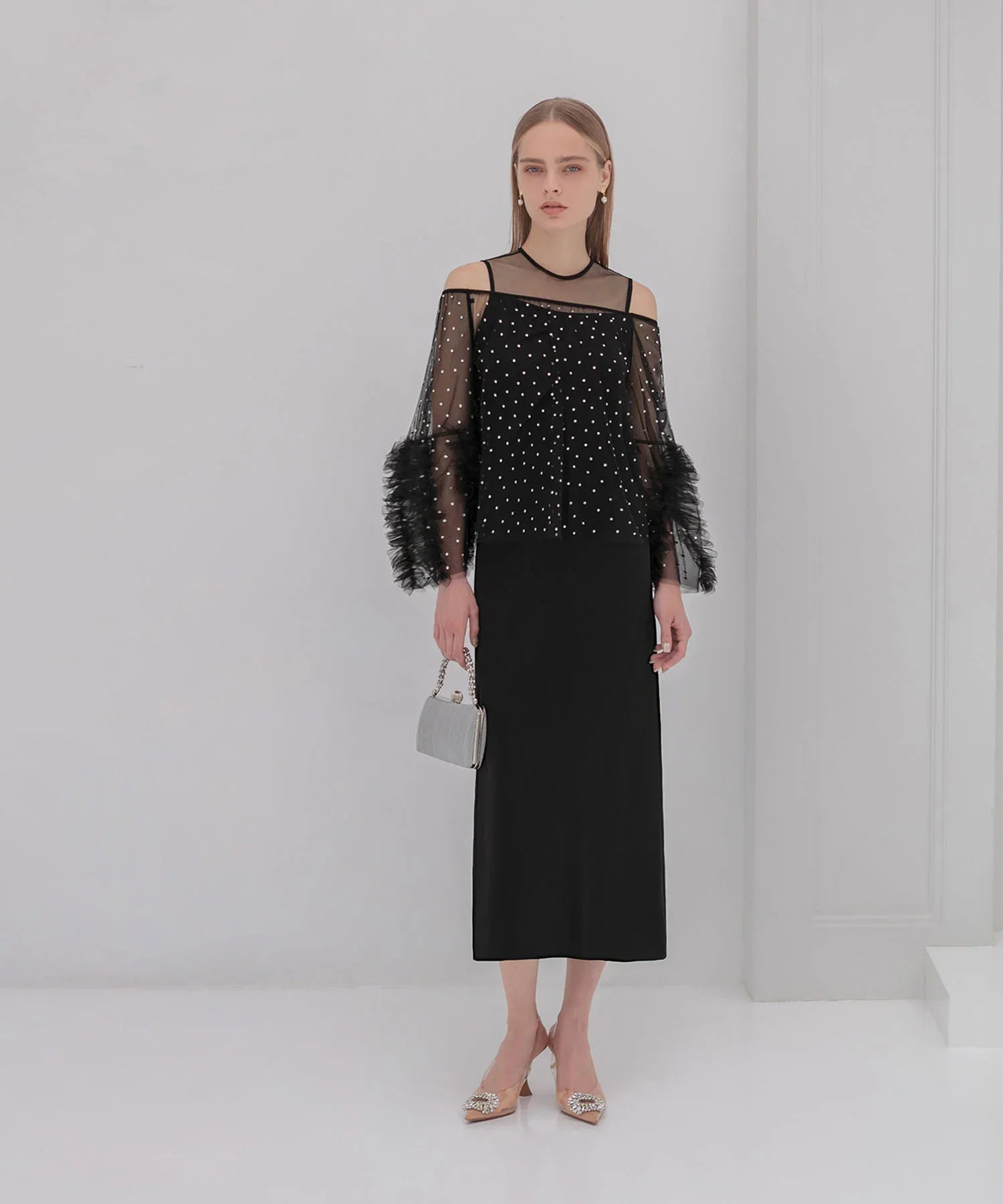 【当日発送】ドットストーンオフショルIラインワンピースドレス