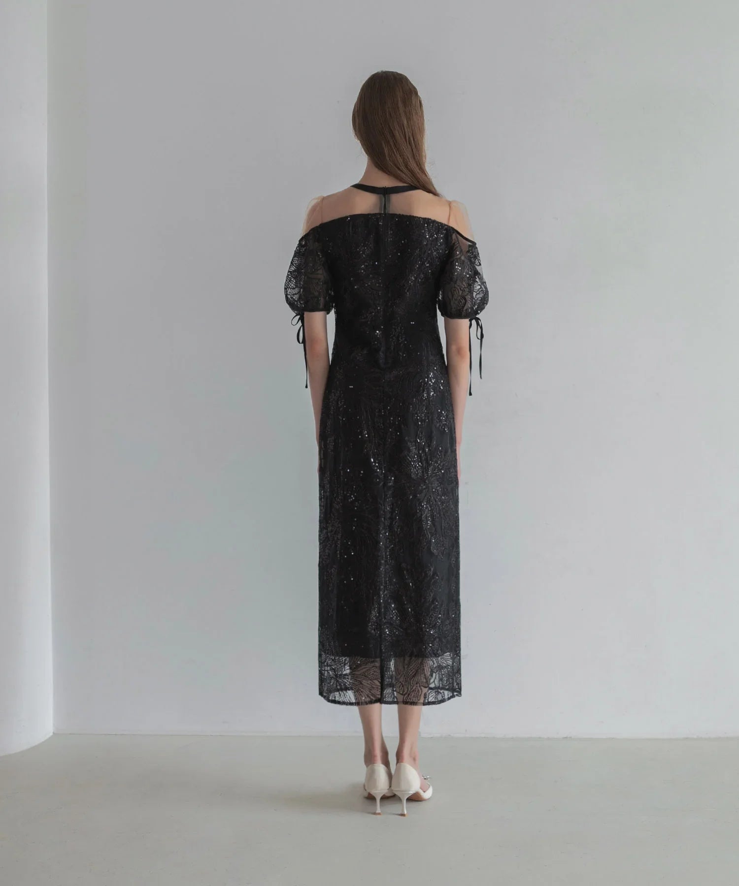 【SOLD OUT】スパンコールウエストデザインIラインワンピースドレス