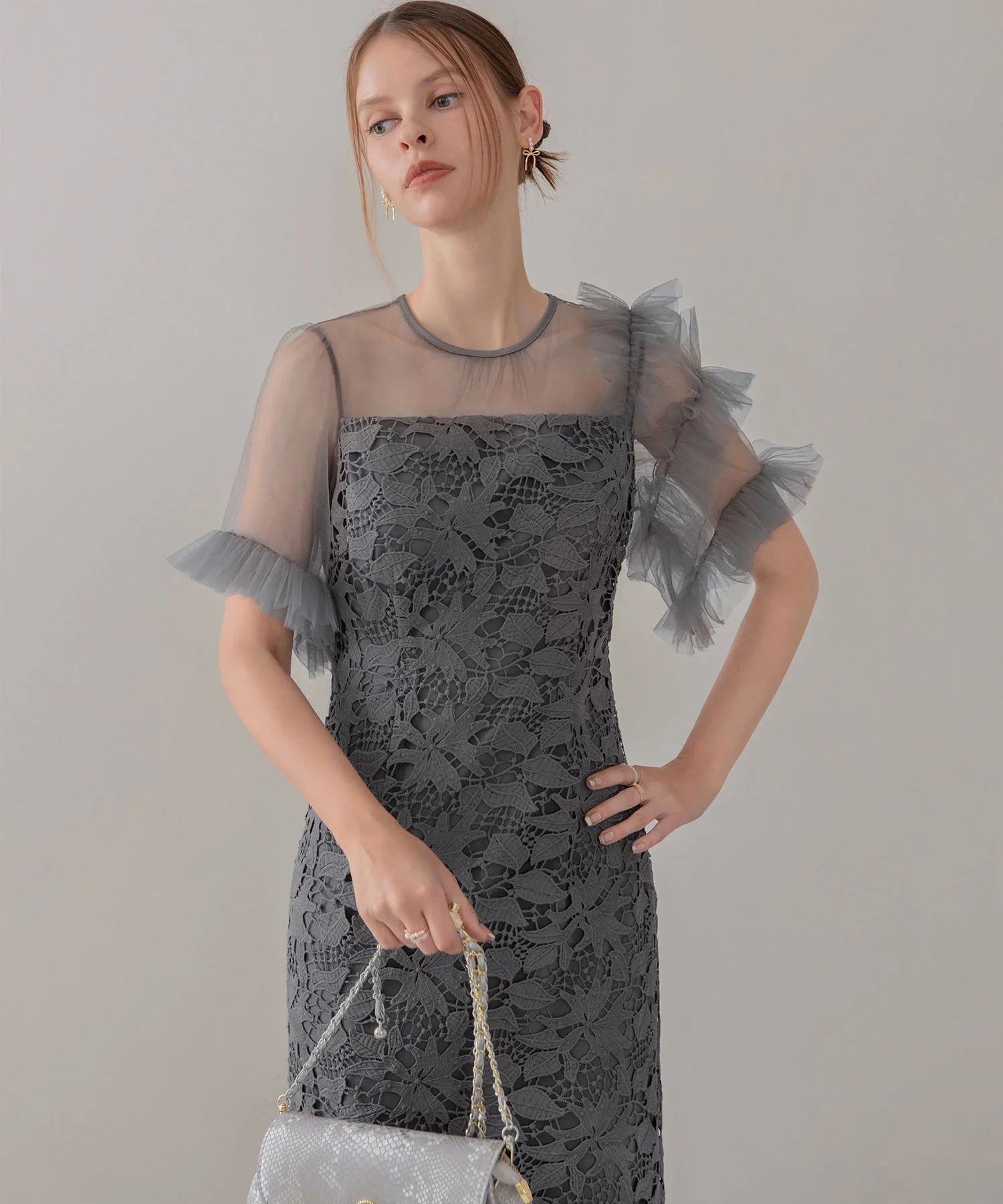 【当日発送】アシンメトリーチュールスリーブレースフリルヘムIラインワンピースドレス