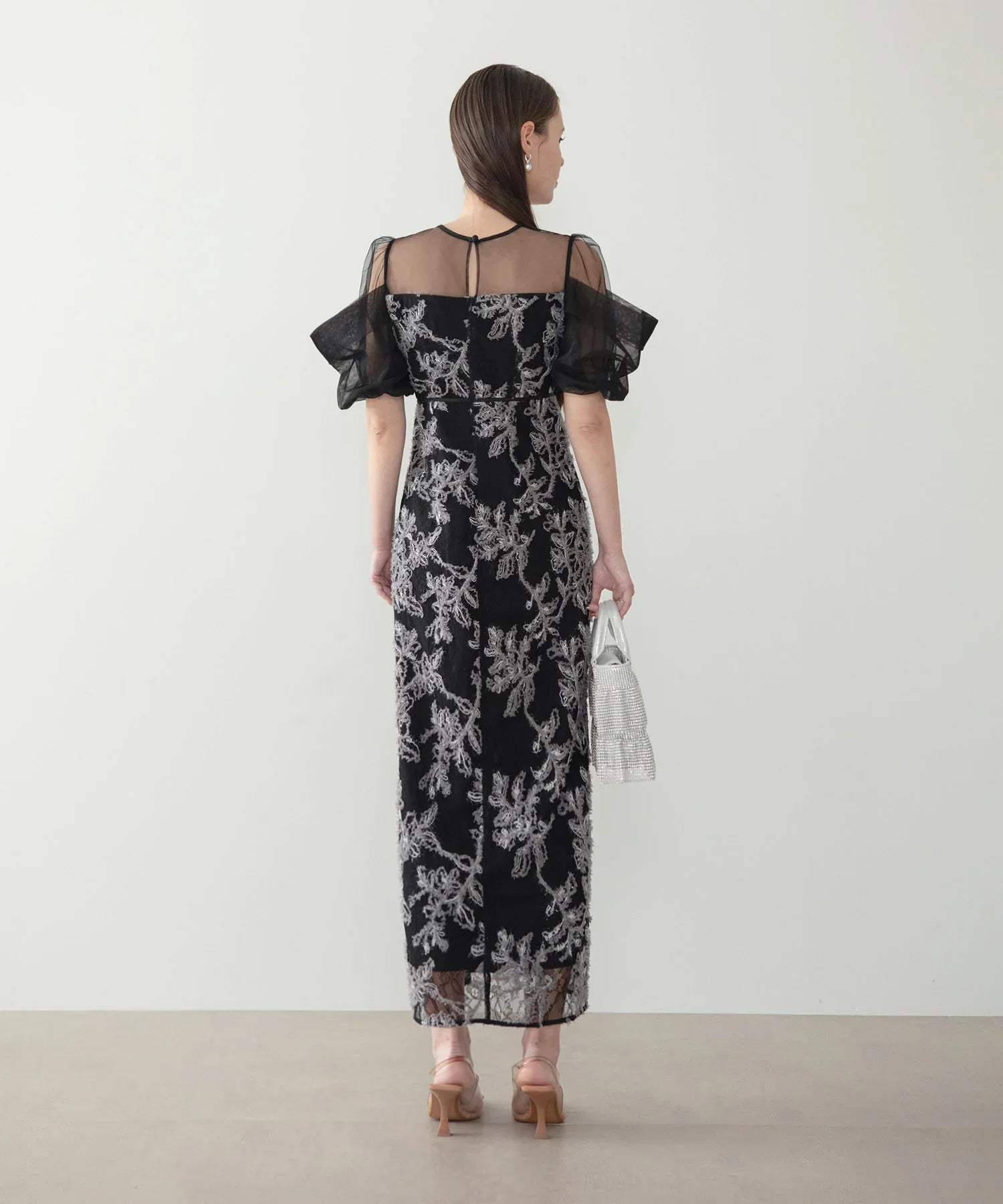 【当日発送】ラメシャギーフラワーシアースリーブIラインワンピースドレス