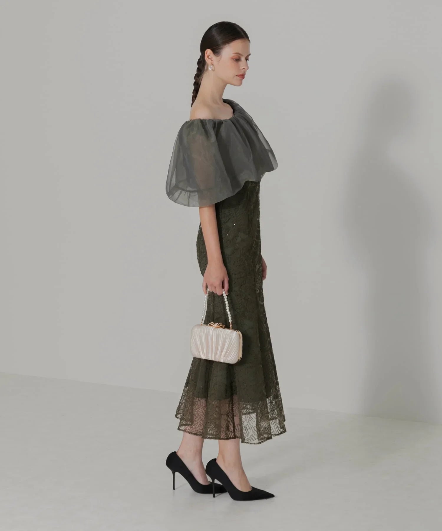 【当日発送】2WAYオフショルダーパフスリーブマーメイドワンピースドレス