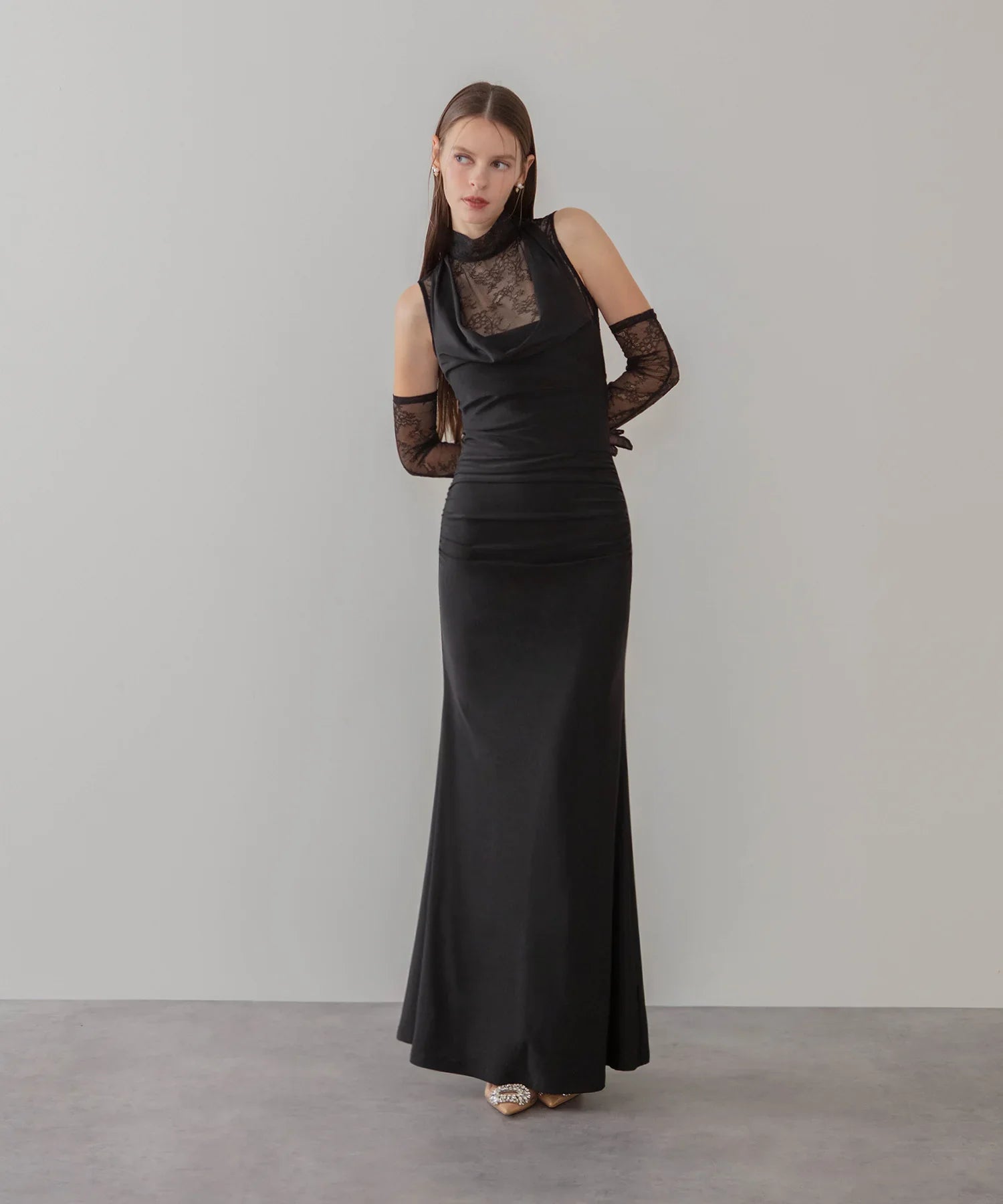 【LEJA LUXE】2WAYシアーレースグローブクラシックブラックマーメイドドレス