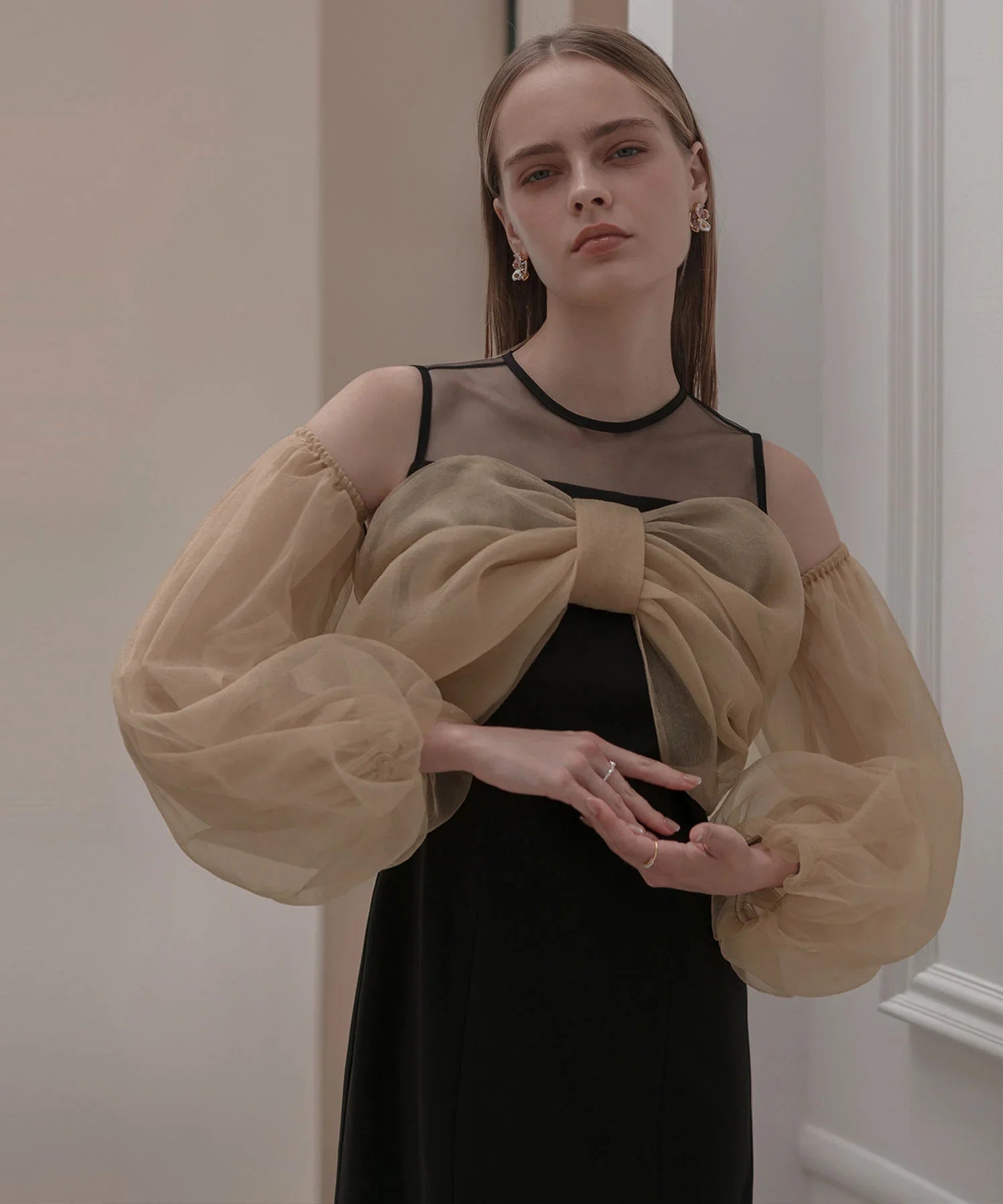 【当日発送】フロントリボンチュールIラインワンピースドレス