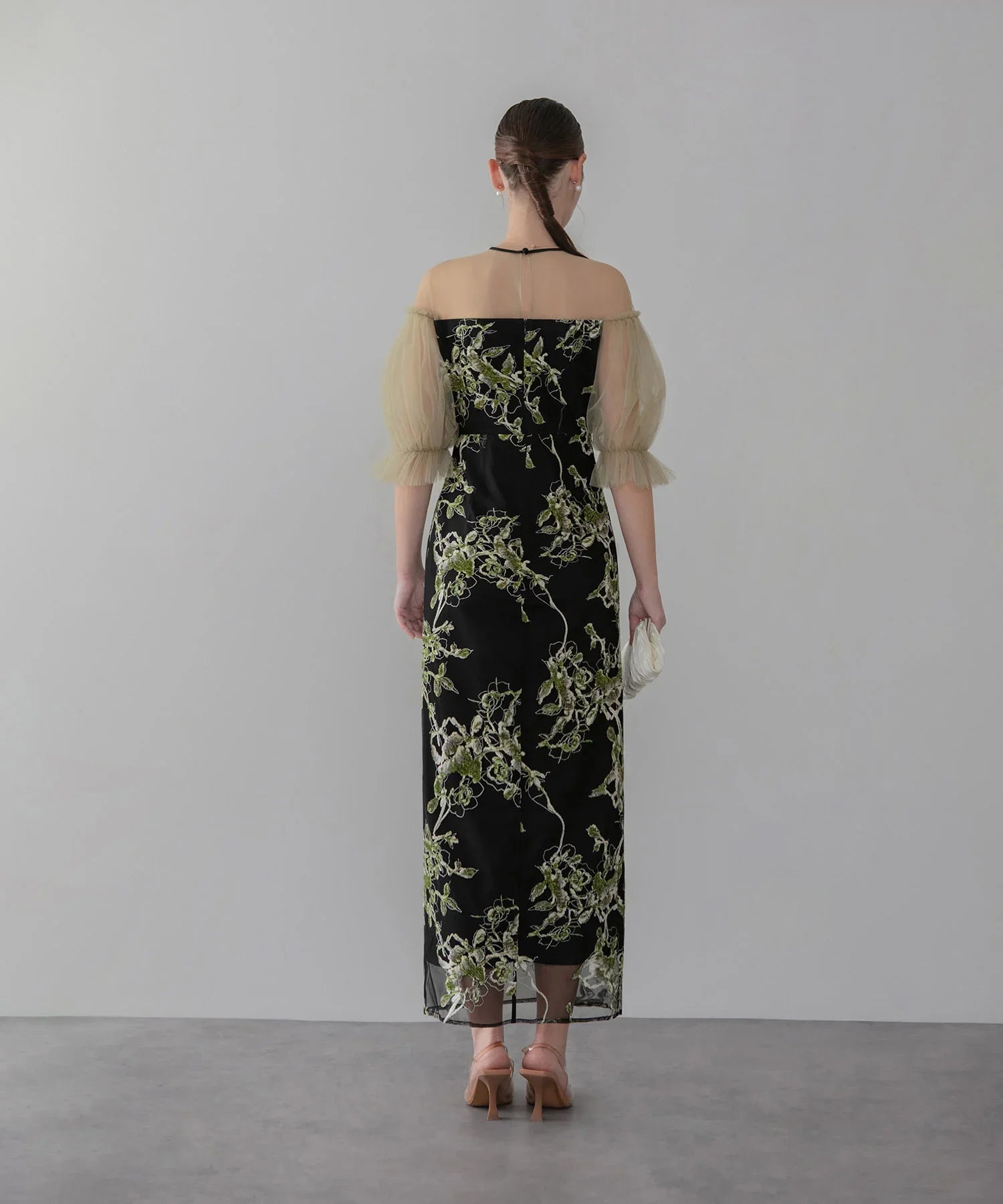 【当日発送】フラワーリリーフマテリアルボリュームスリーブIラインワンピースドレス