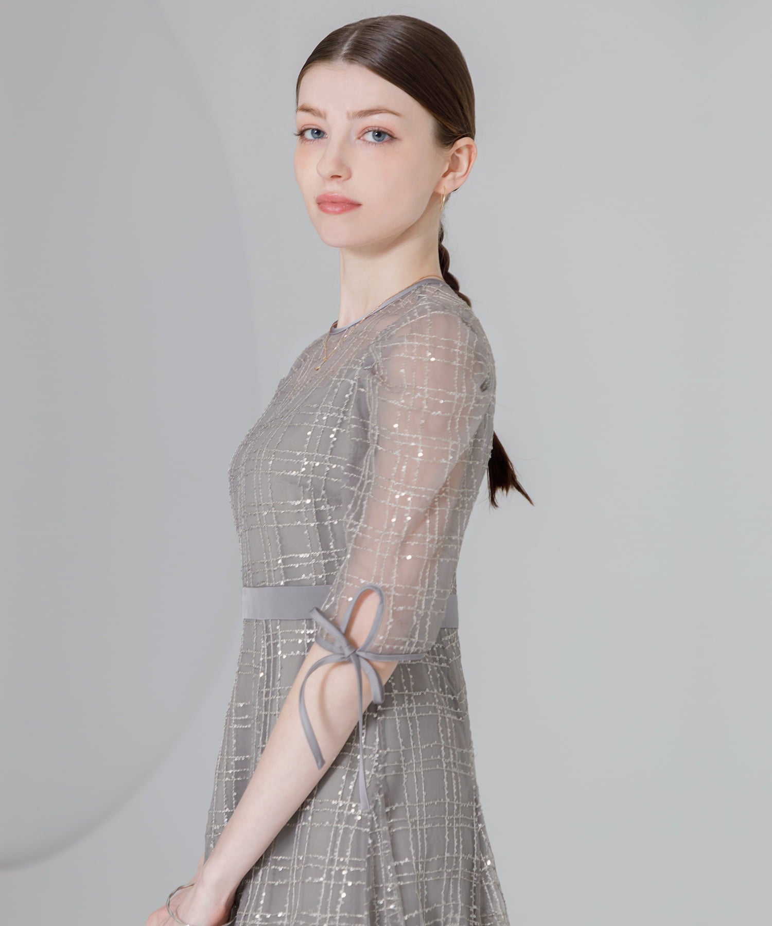 【当日発送】チェックスパンコールリボンワンピースドレス