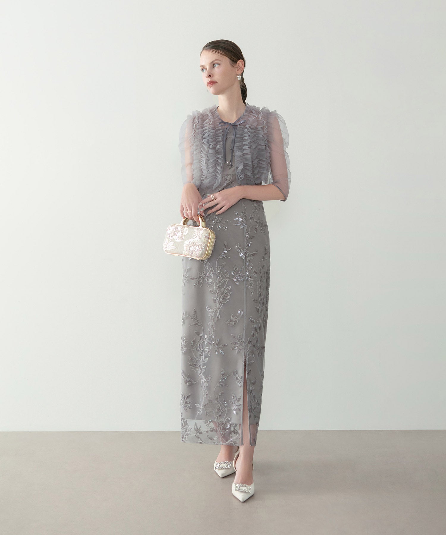 【当日発送】チュールフリルボレロフラワースパンコールIラインワンピースドレス