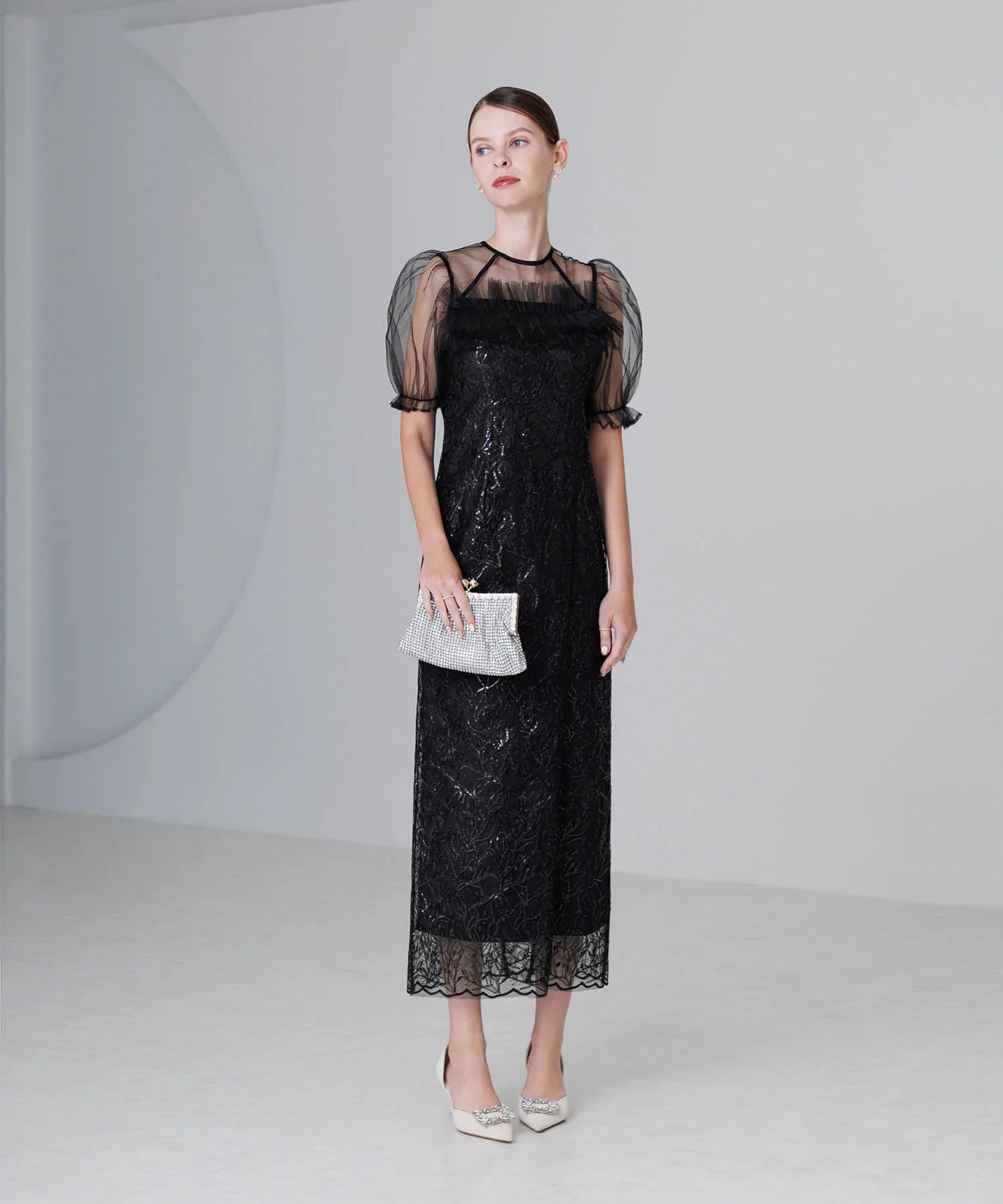 【当日発送】チュールフラワースパンコールIラインワンピースドレス