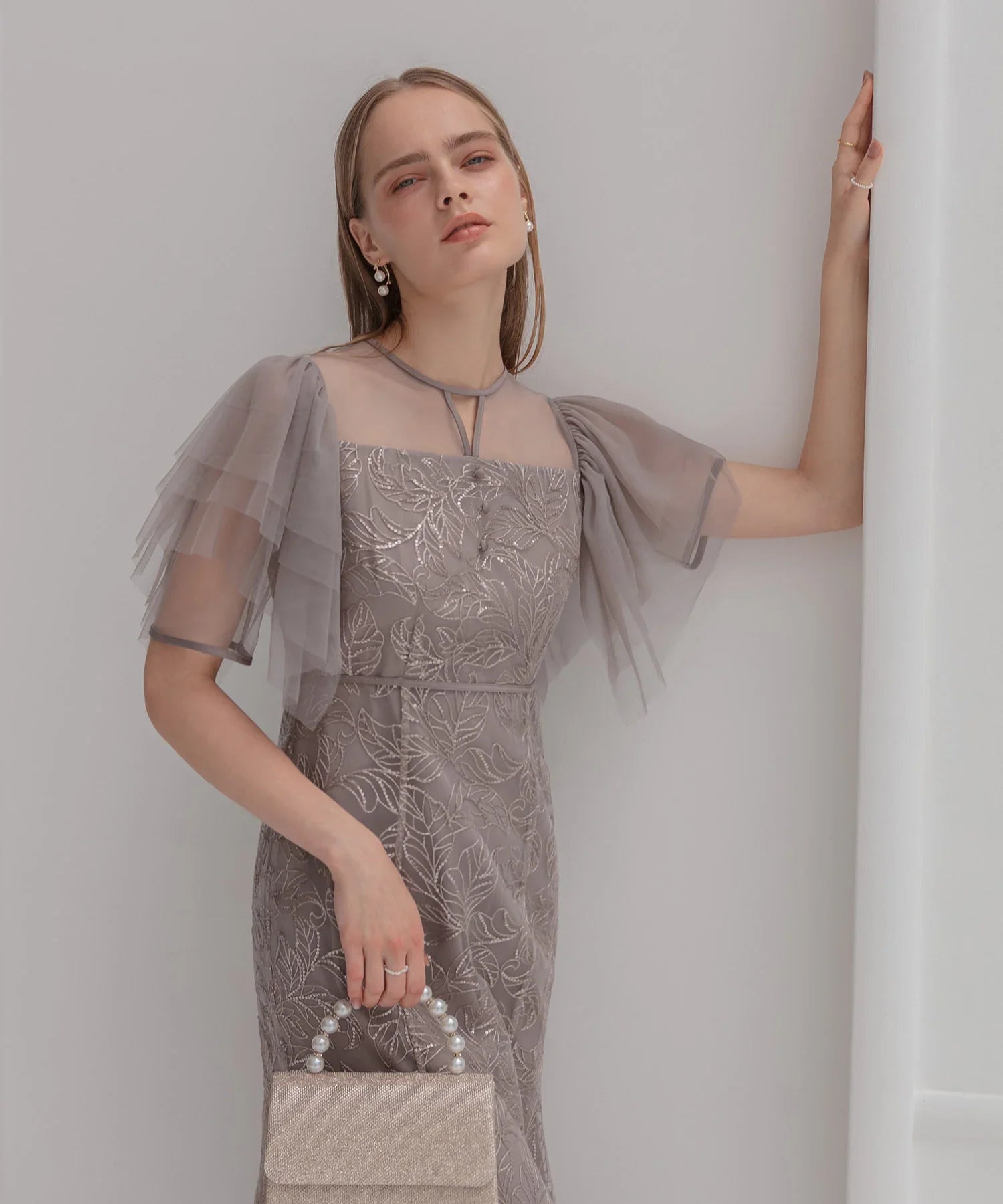 【当日発送】チュールスリーブボタニカルマーメイドワンピースドレス