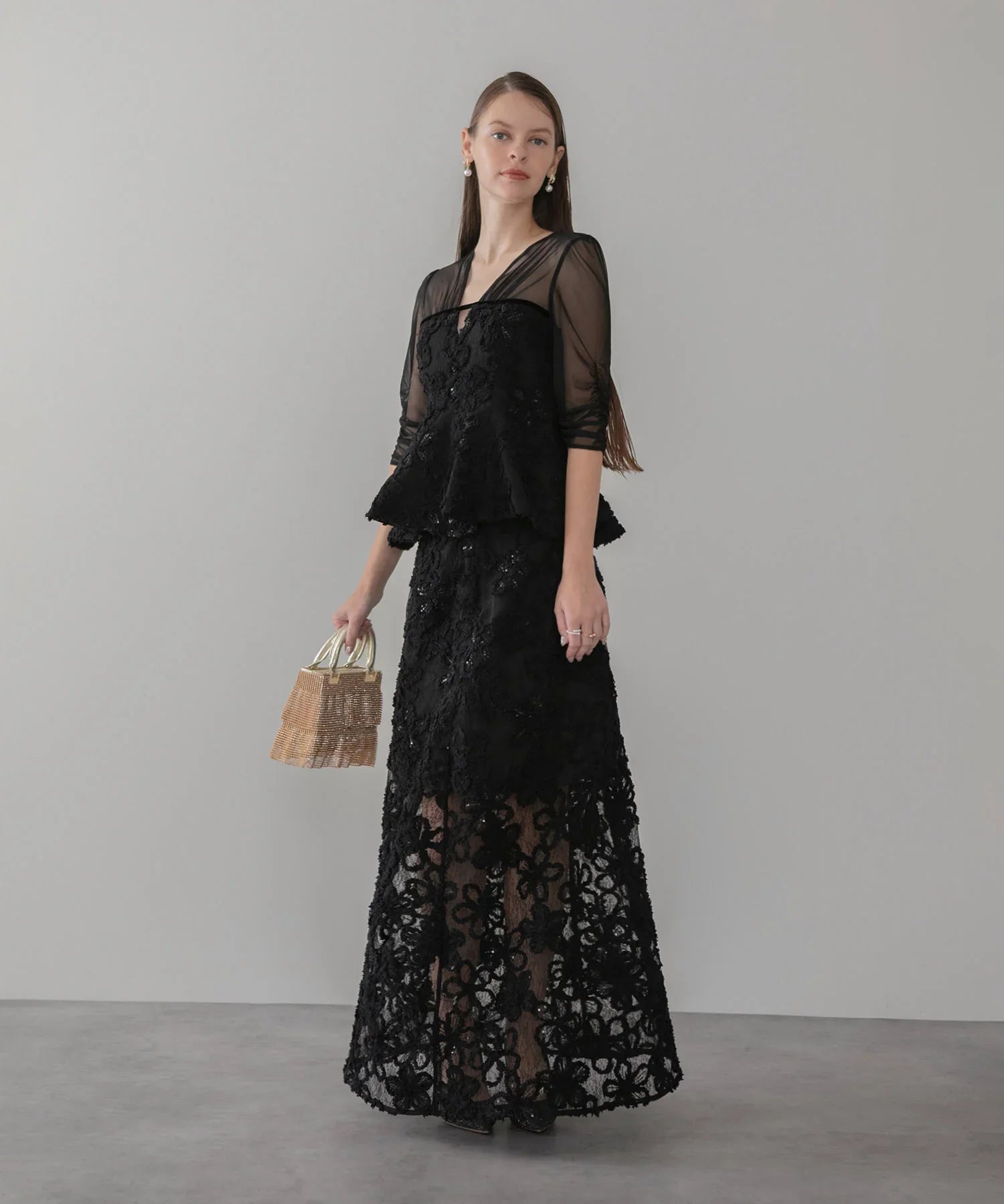 【LEJA LUXE】フラワーレースペプラムセットアップドレス