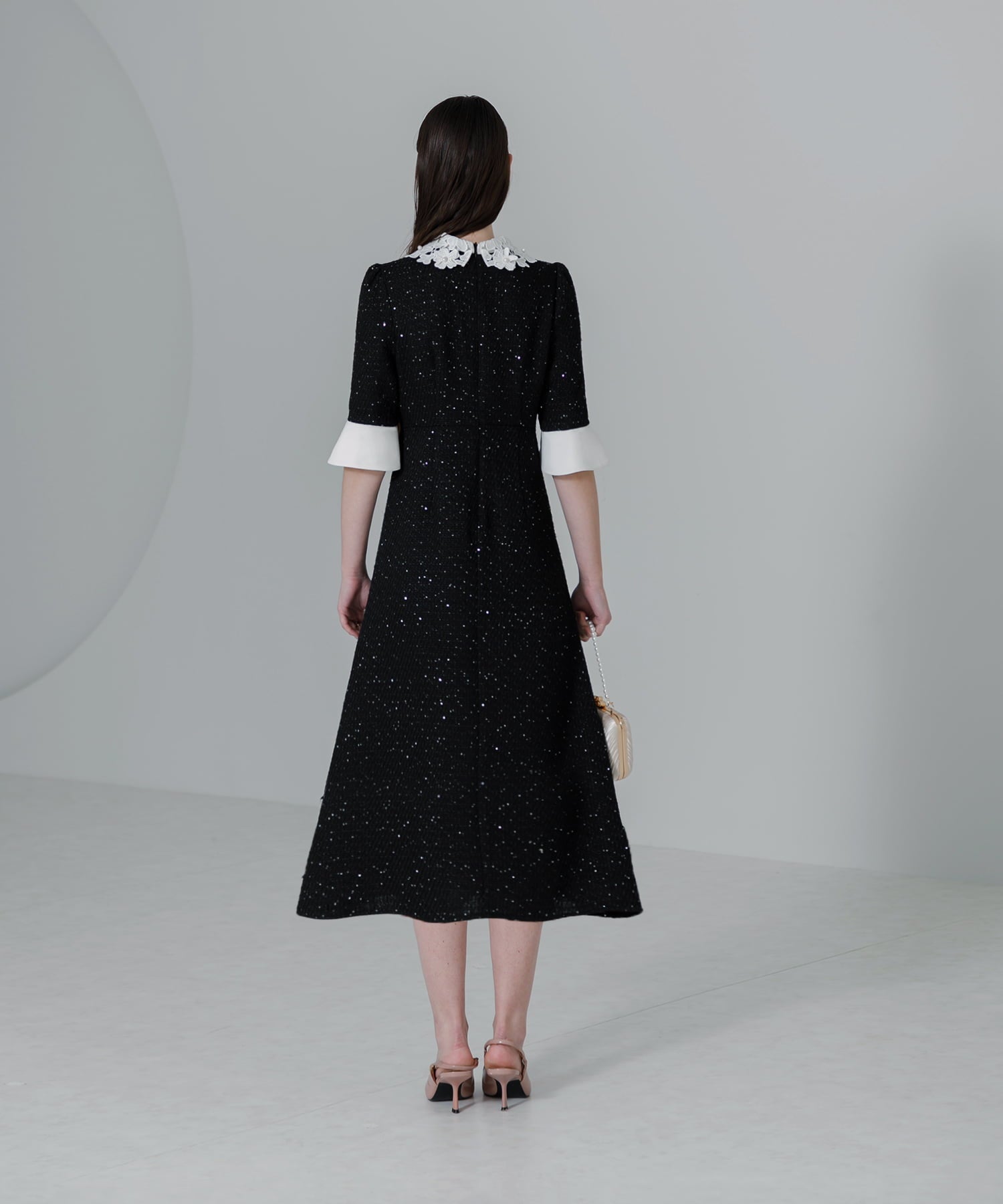 【当日発送】花柄レースカラースパンコールAラインワンピースドレス