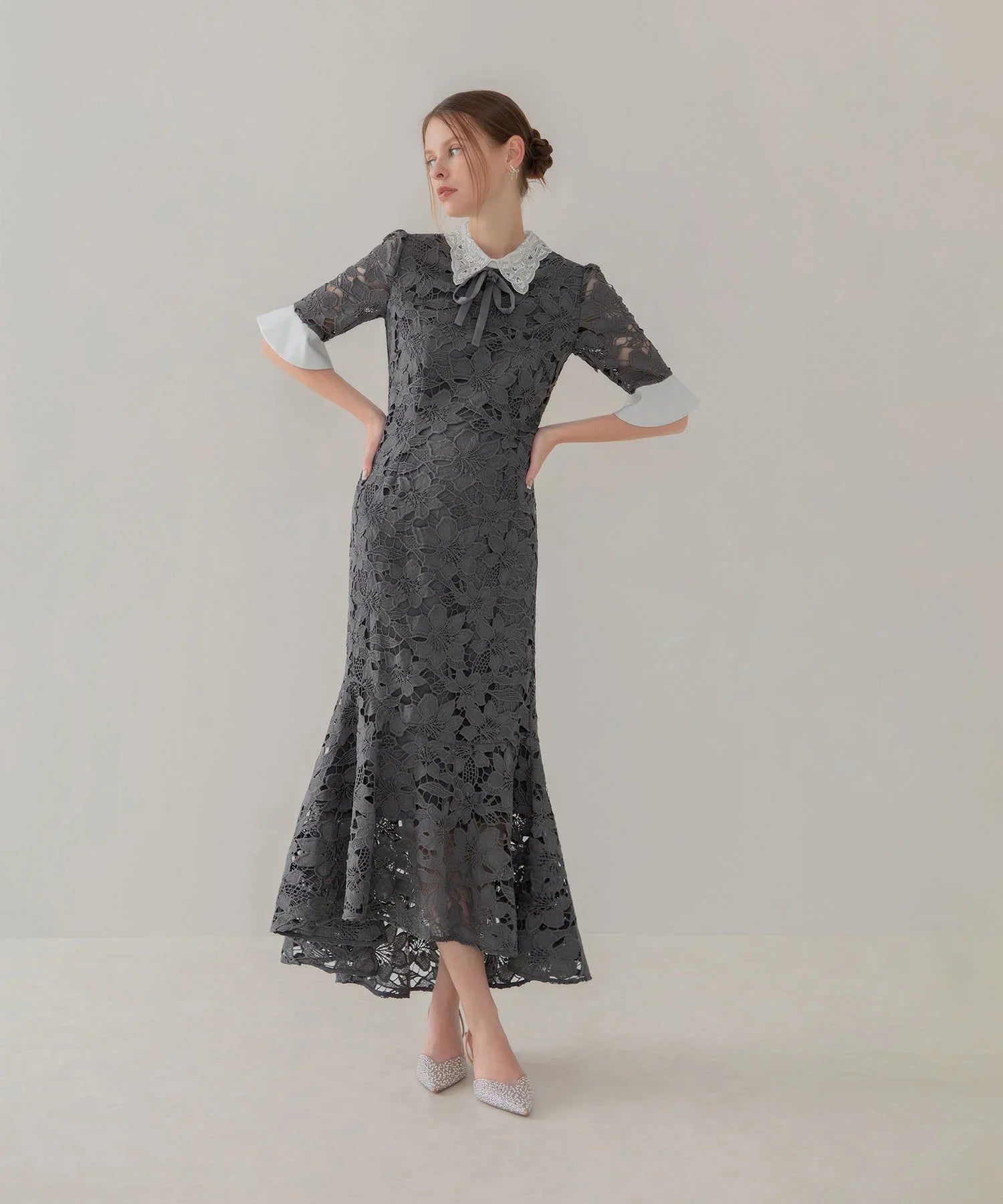 【一部当日発送】パールカラーボウタイフラワーレースフィッシュテールワンピースドレス