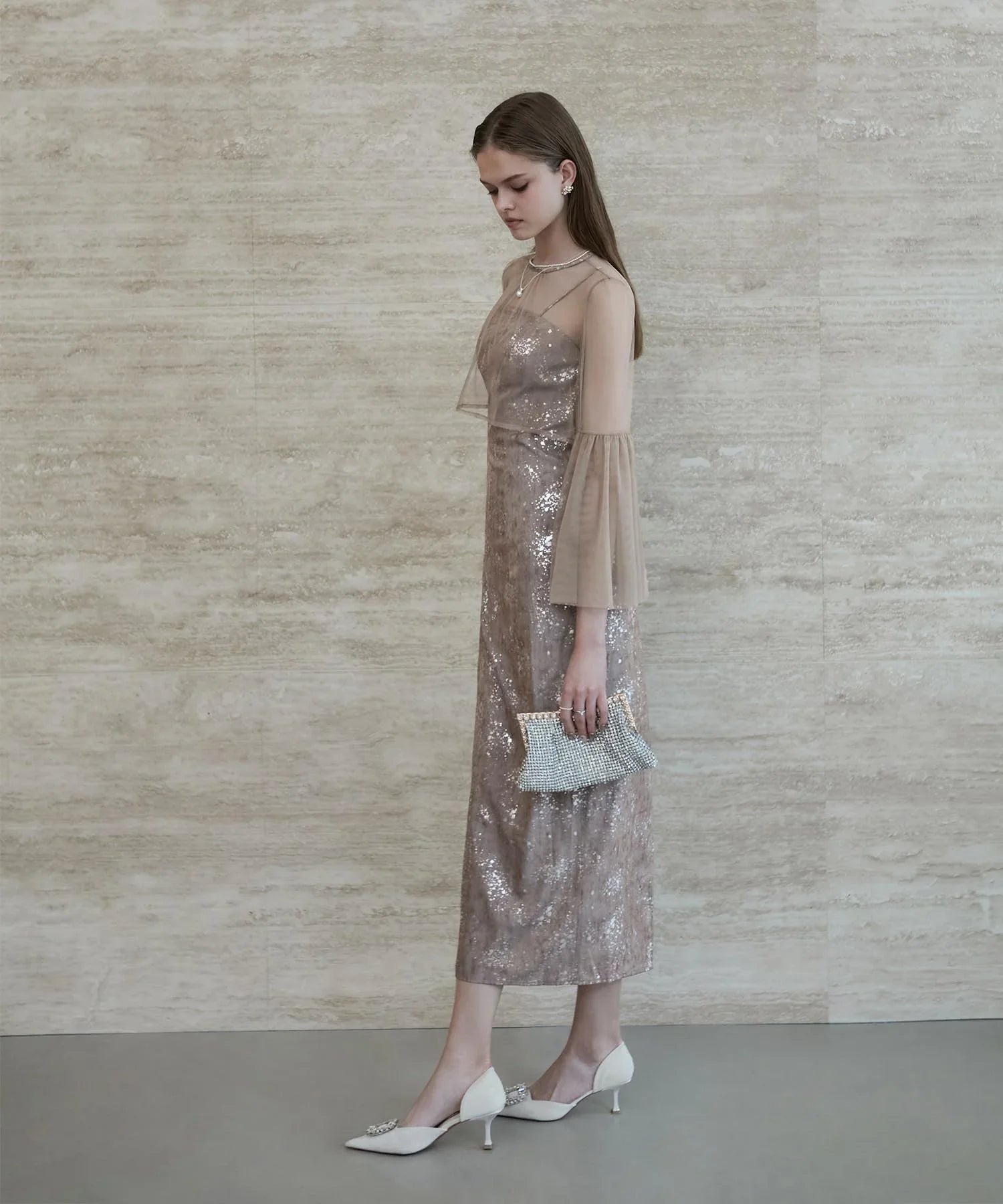 【一部当日発送】シアーチュールベルスリーブペイントIラインワンピースドレス