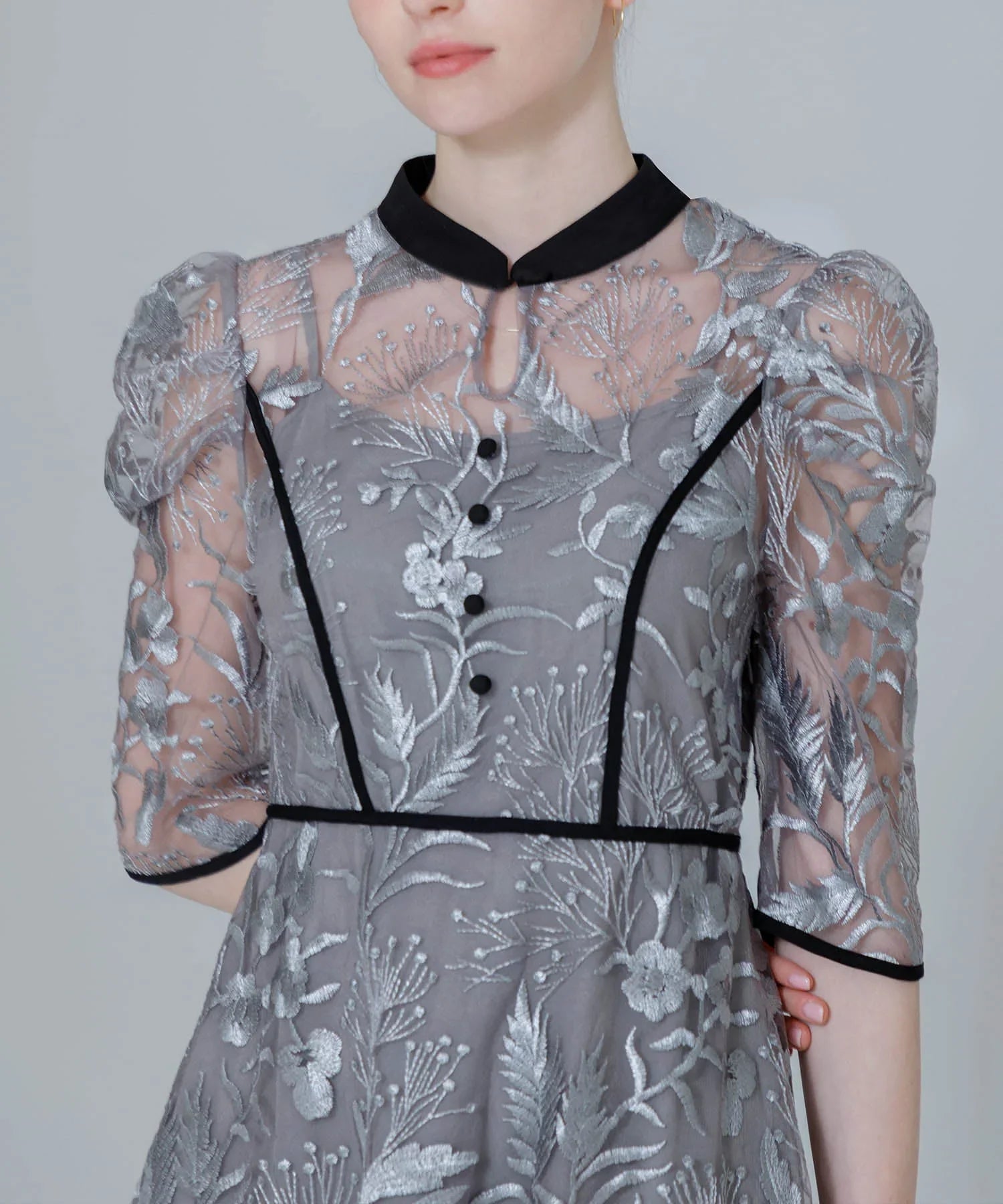 【当日発送】花柄チュールパフスリーブワンピースドレス