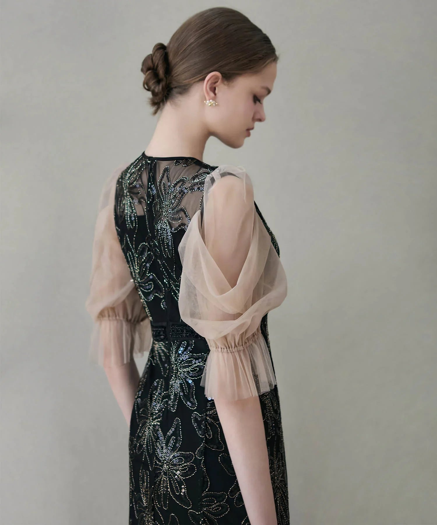 【予約販売】スパンコールフラワーリボンチュールワンピースドレス