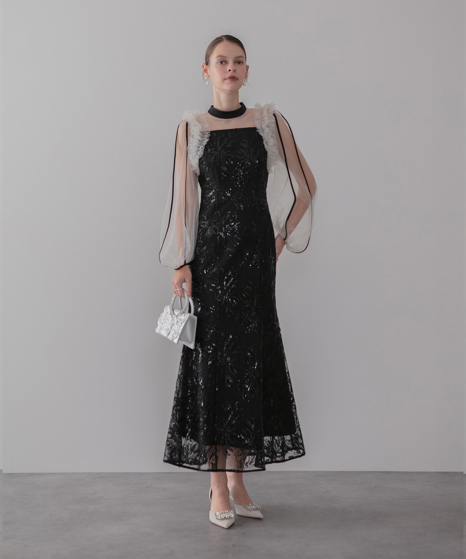 【当日発送】フラワースパンコールチュールフリルロングスリーブマーメイドワンピースドレス