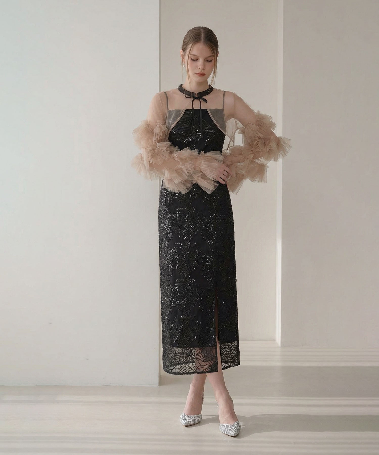 【当日発送】フリルチュールスリーブリボンIラインワンピースドレス