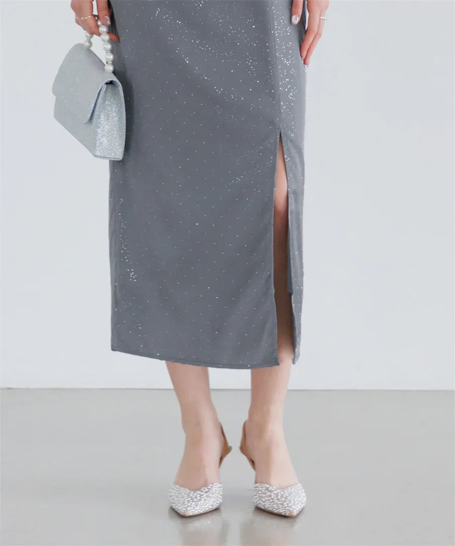 【当日発送】チュールフラワーモチーフドットストーンIラインワンピースドレス