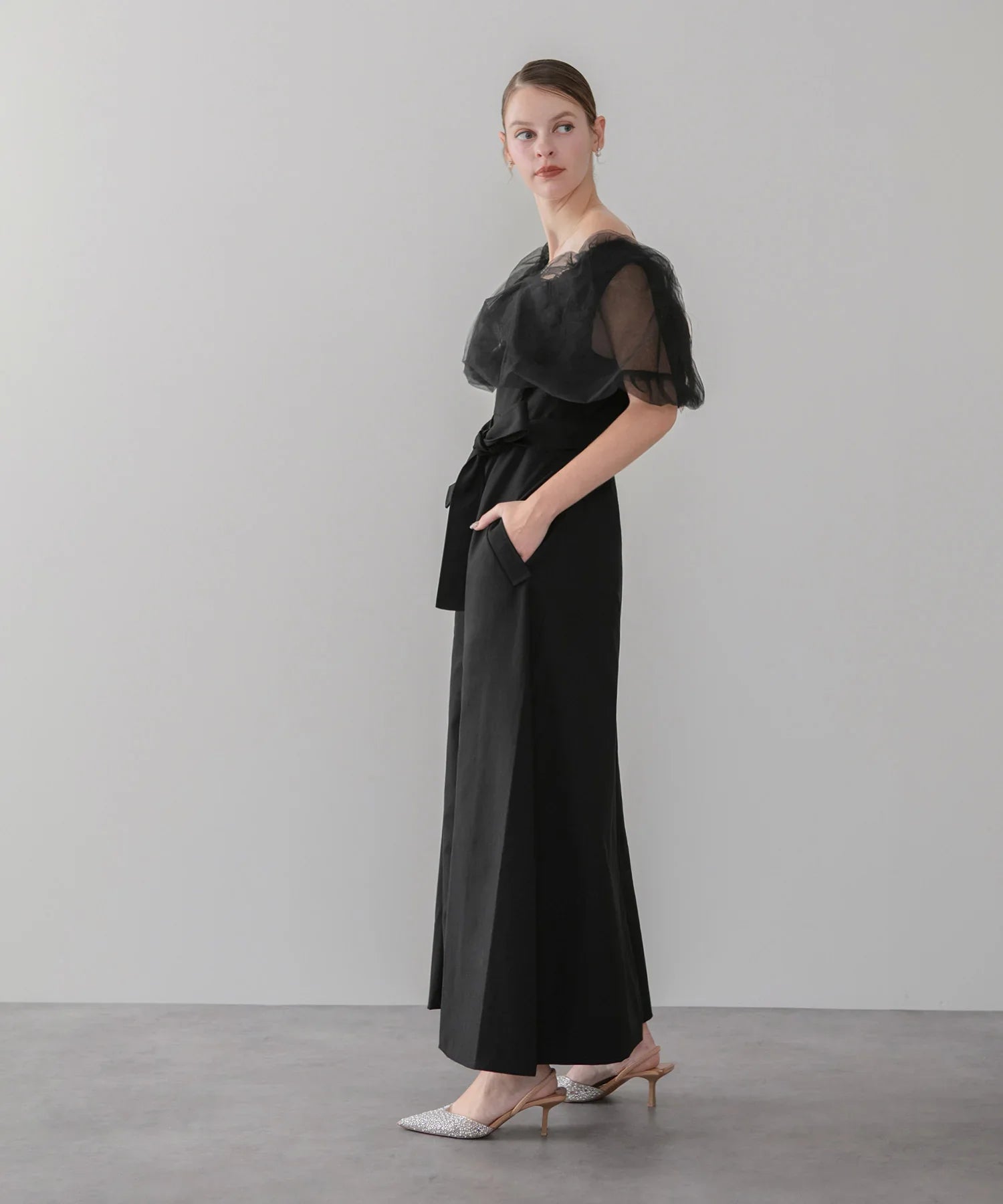 【当日発送】3WAYオフショルチュールトレンチディティールワンピ―スドレス