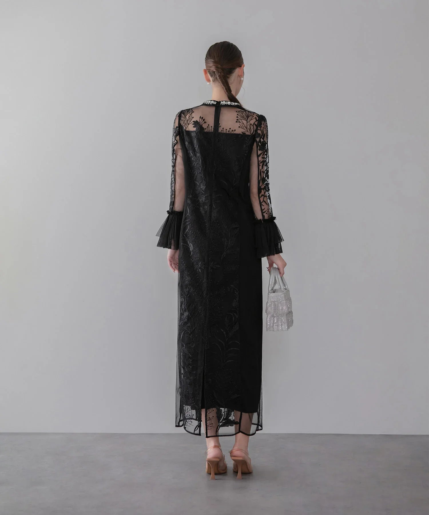 【当日発送】フラワーレースジュエルカラーIラインワンピースドレス