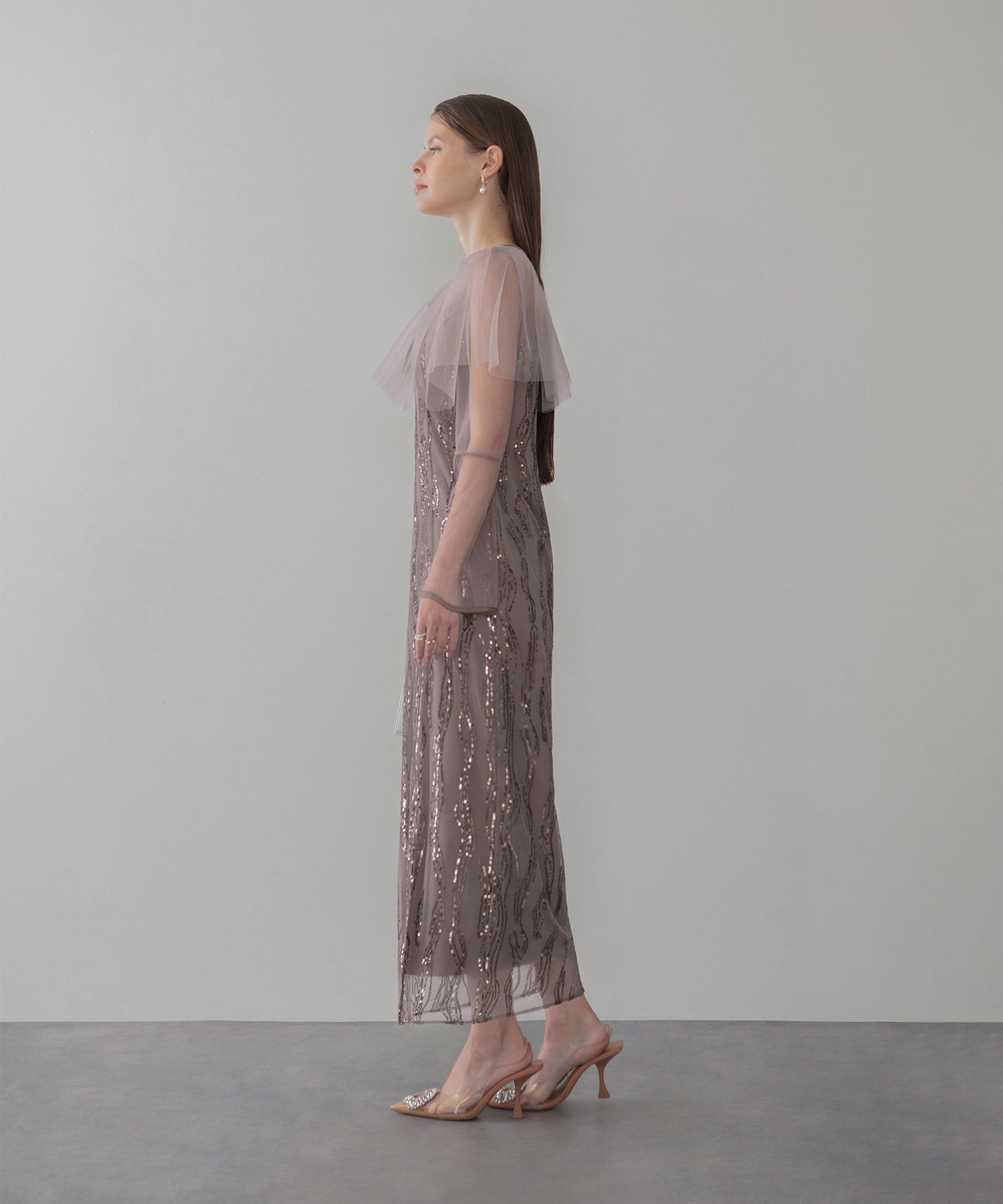 【当日発送】シアーケープスパンコールIラインワンピースドレス