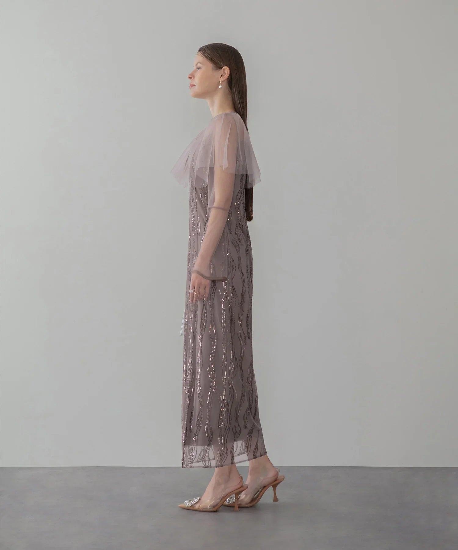 【当日発送】シアーケープスパンコールIラインワンピースドレス