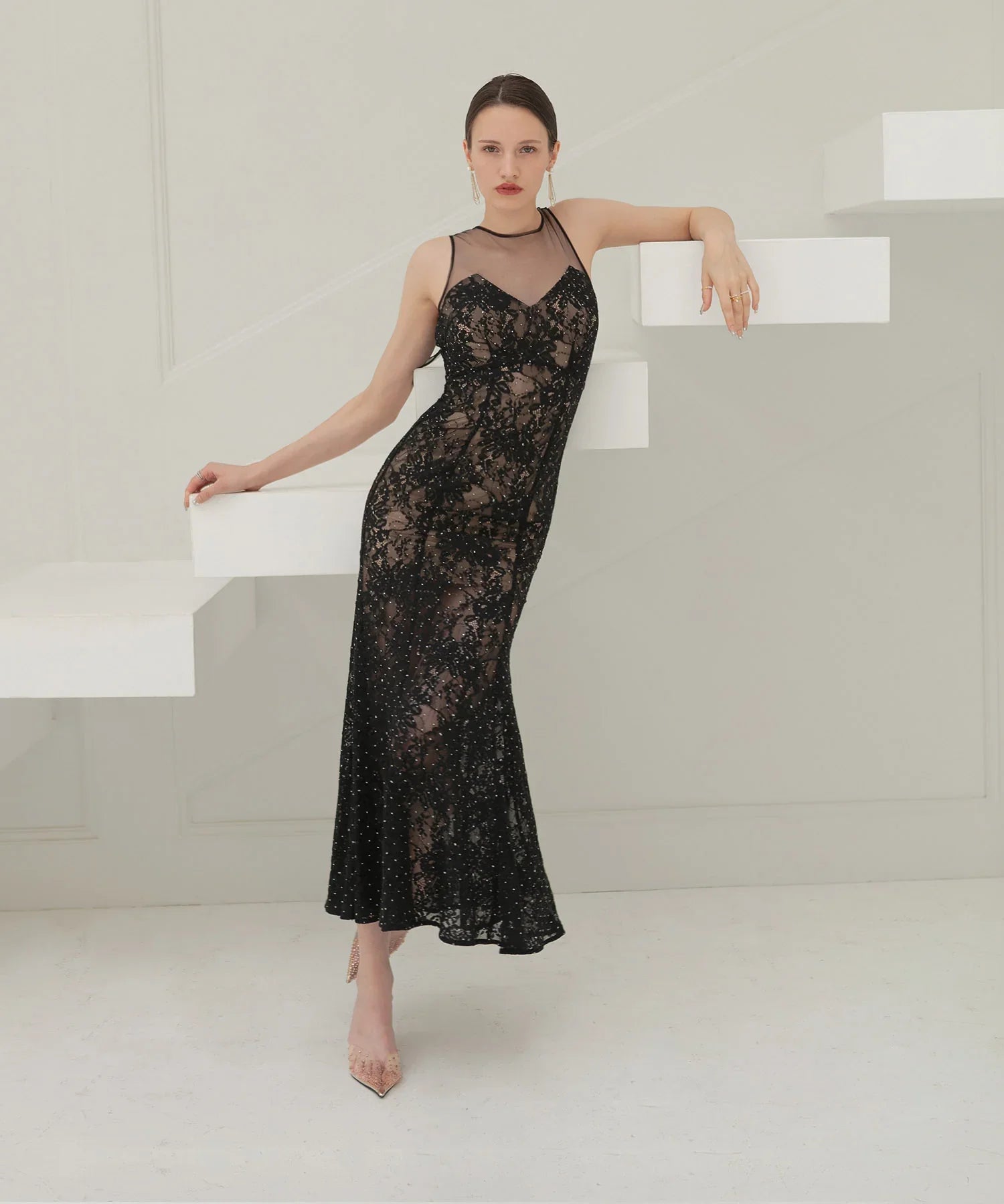 【LEJA LUXE】レースストーンスパンコールフラワーマーメイドドレス